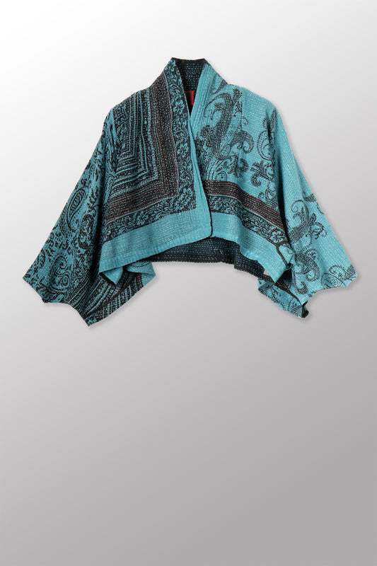 OVERDYED COTTON PAISLEY KANTHA PUFF SLV. SHRUG - ov-cp2062-blu -