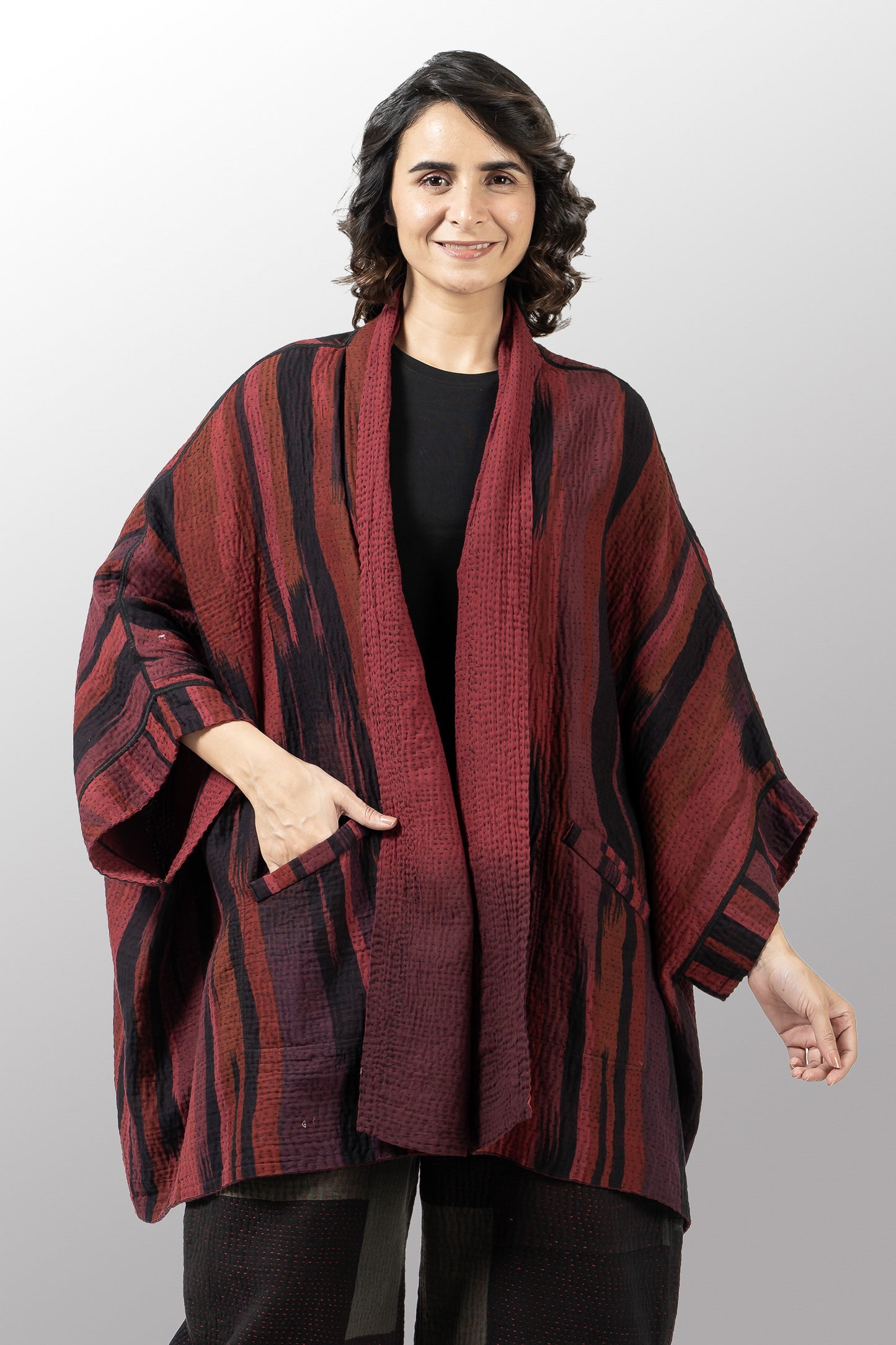 IKAT STRIPE KANTHA DOUBLE COLLAR PONCHO - is4323-DRD -