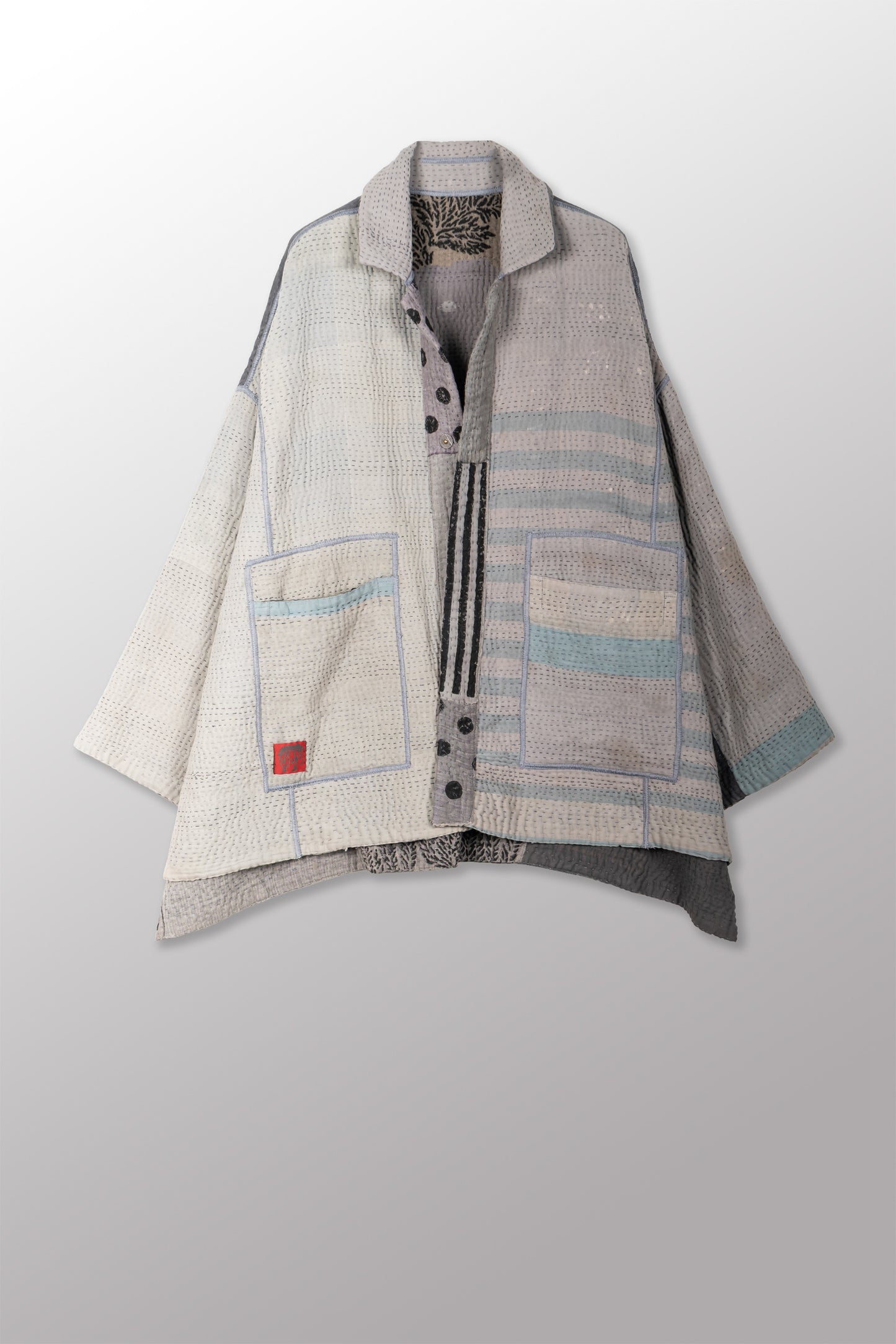 FRAYED PATCH KANTHA WITH STAMP RELAXED SHIRT JACKET - sp-fi4j105-gry -