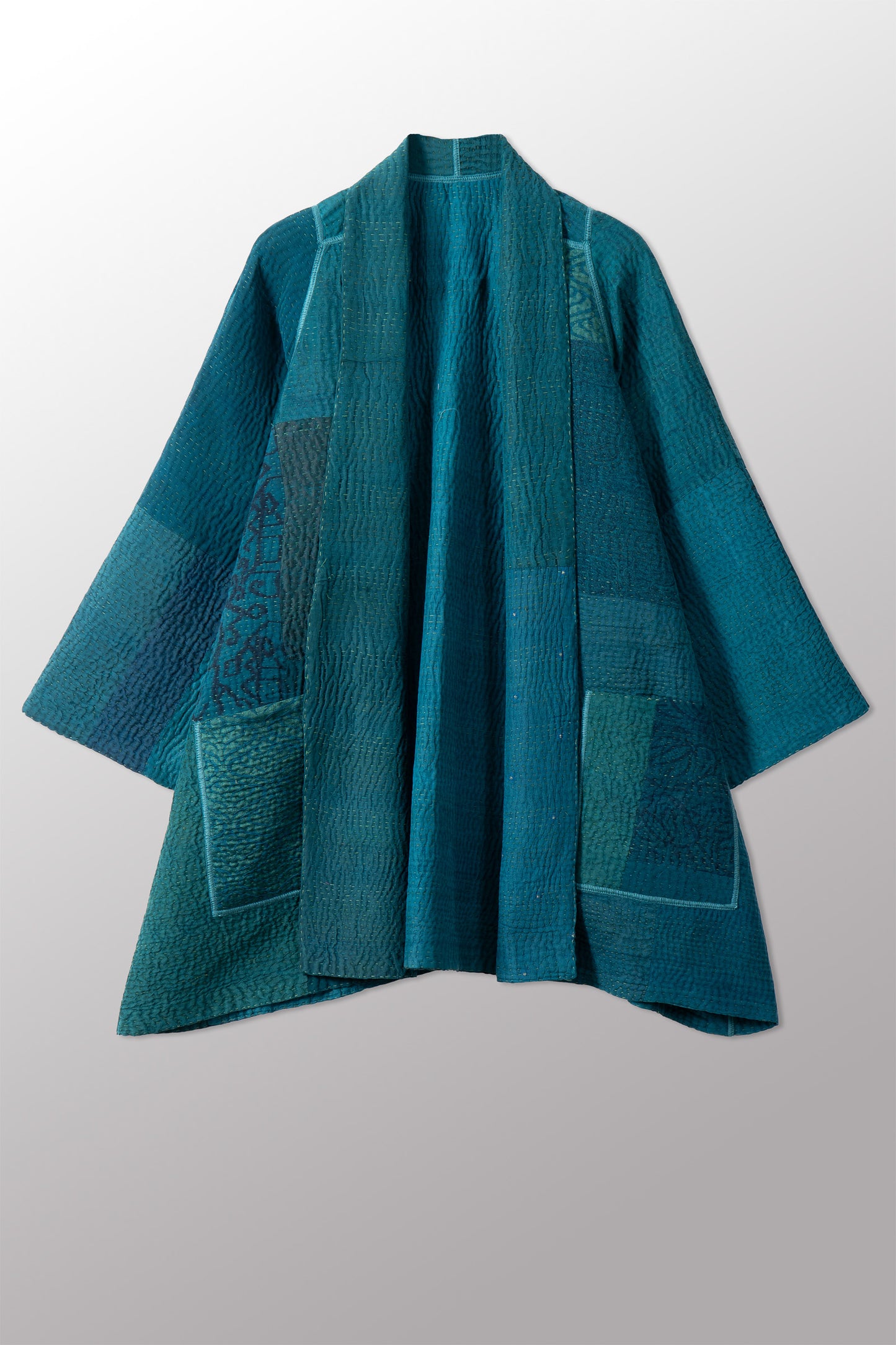 GEORGETTE JACQUARD VINTAGE SILK PATCH KANTHA A-LINE JACKET - gj4003-grn -