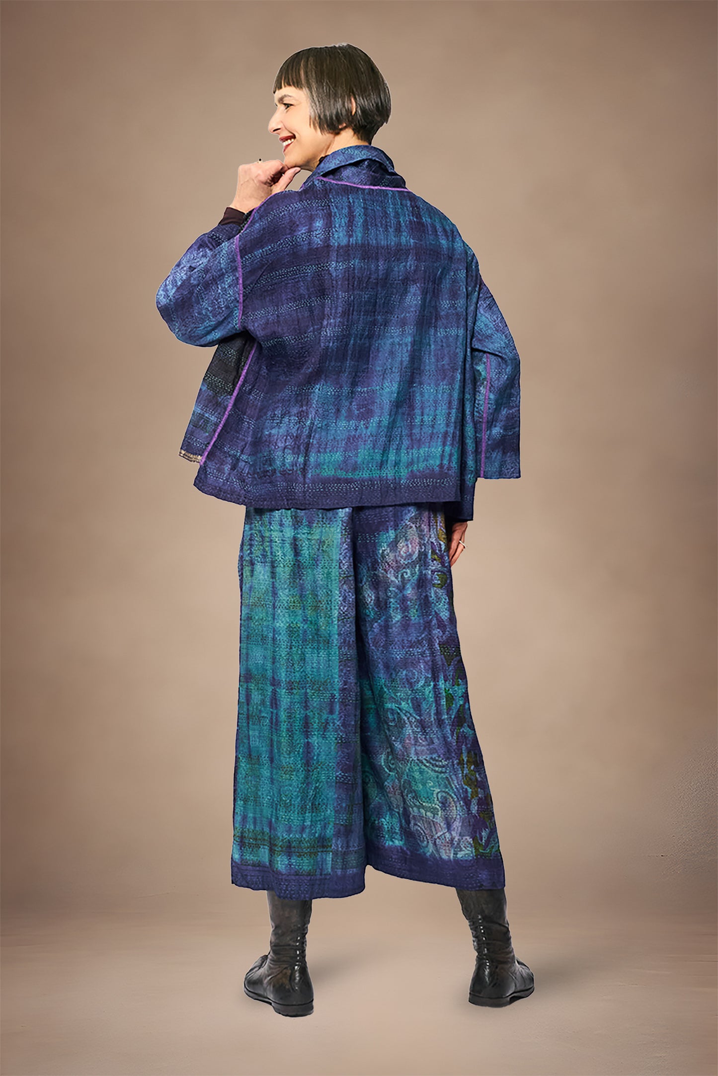 TIE DYE VINTAGE SILK KANTHA COWL PULLOVER - st-sv2547-nvy -