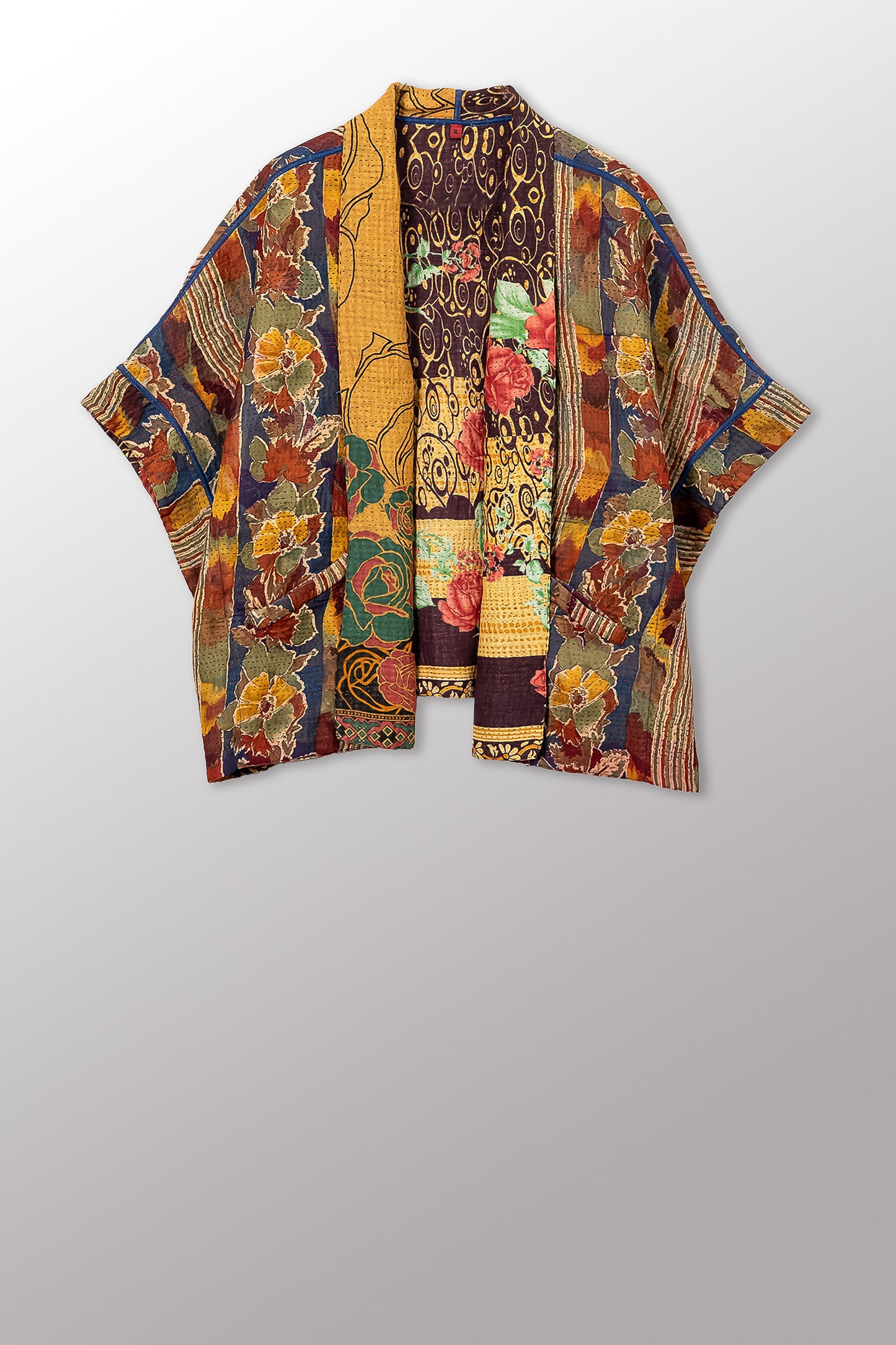 VINTAGE SILK GEORGETTE COTTON KANTHA MINI PONCHO - gc4060-0002a -
