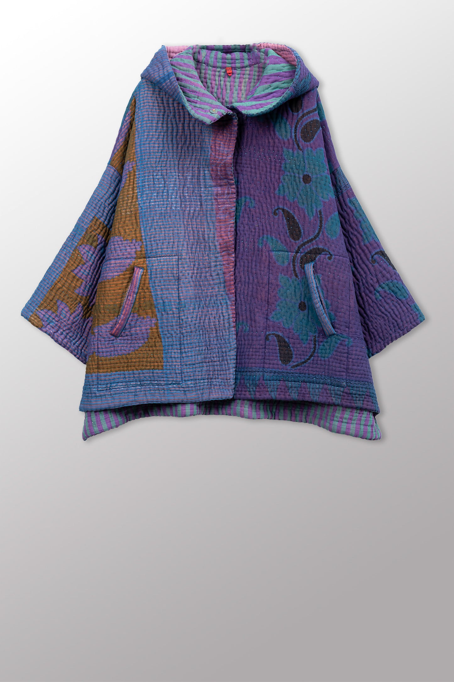 QUILTED OVERDYE COTTON KANTHA HOODIE PONCHO - oq5064-cblu007a -