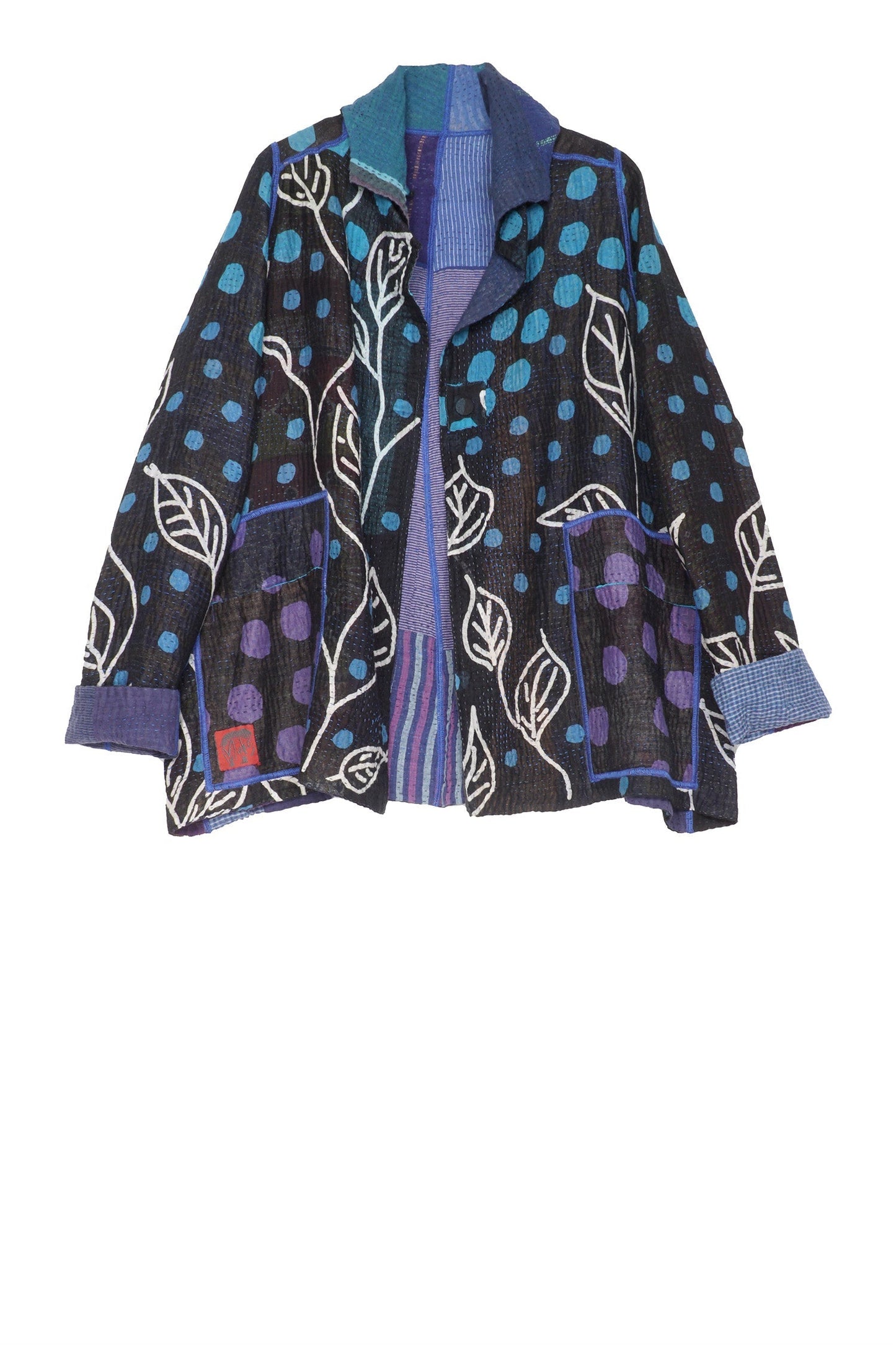 POLKA DOTS & LEAVES KANTHA TUCKED COLLAR JKT - dl4047-blu -
