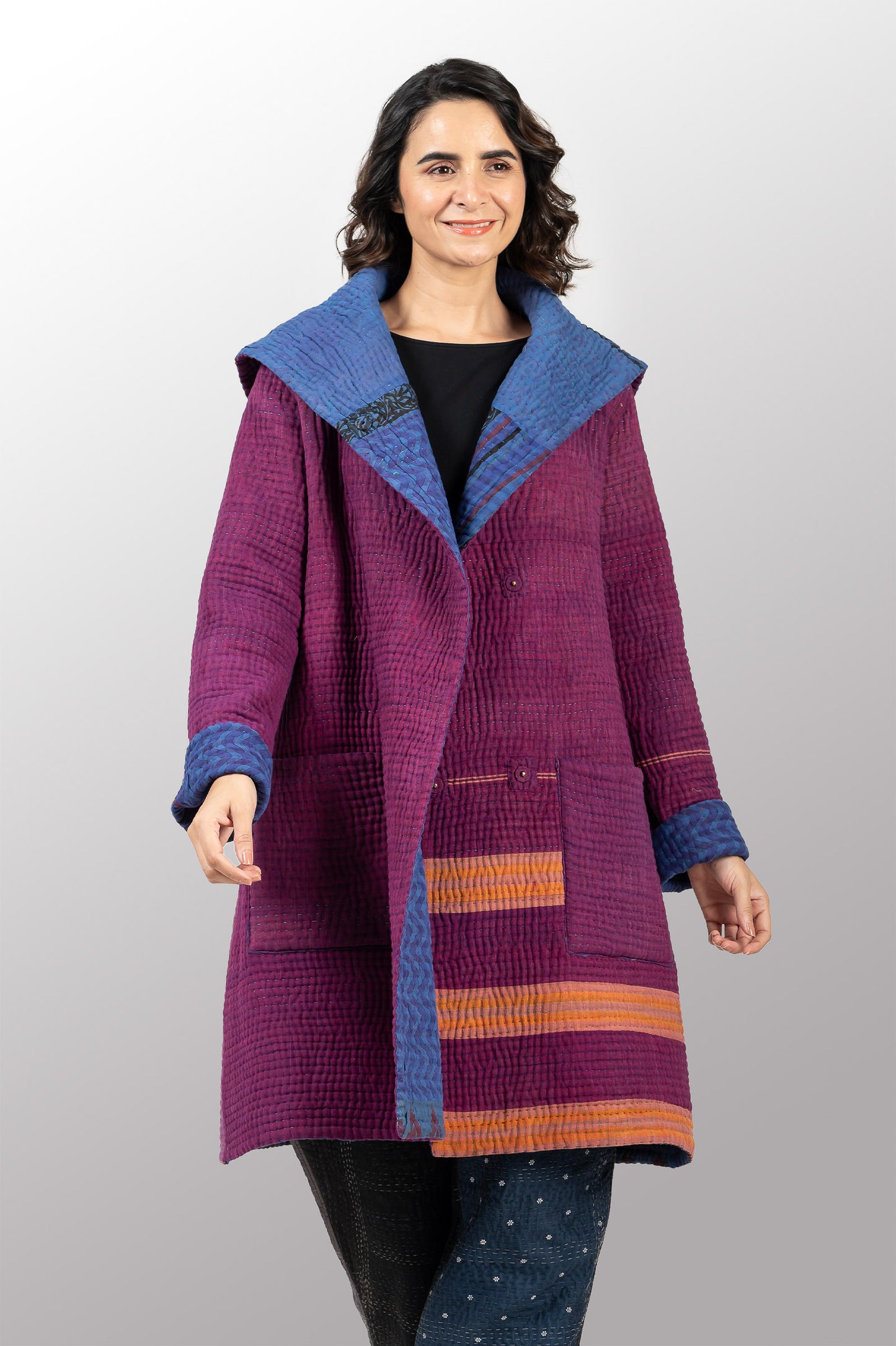 QUILTED OVERDYE COTTON KANTHA POCKET MEDIUM COAT - oq5316-cblu004a -