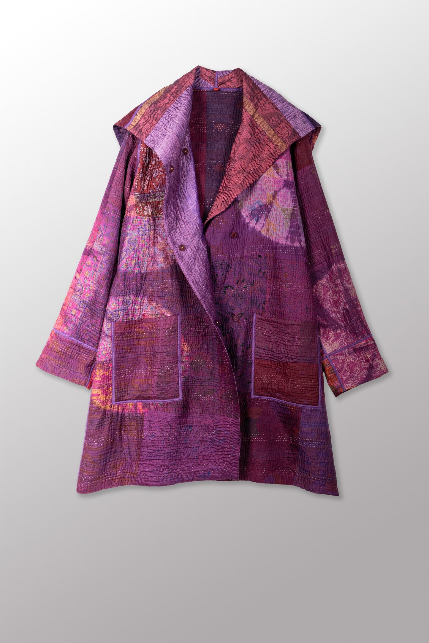TIE DYE CIRCLE SHIBORI KANTHA POCKET MEDIUM COAT - td4316-prp -