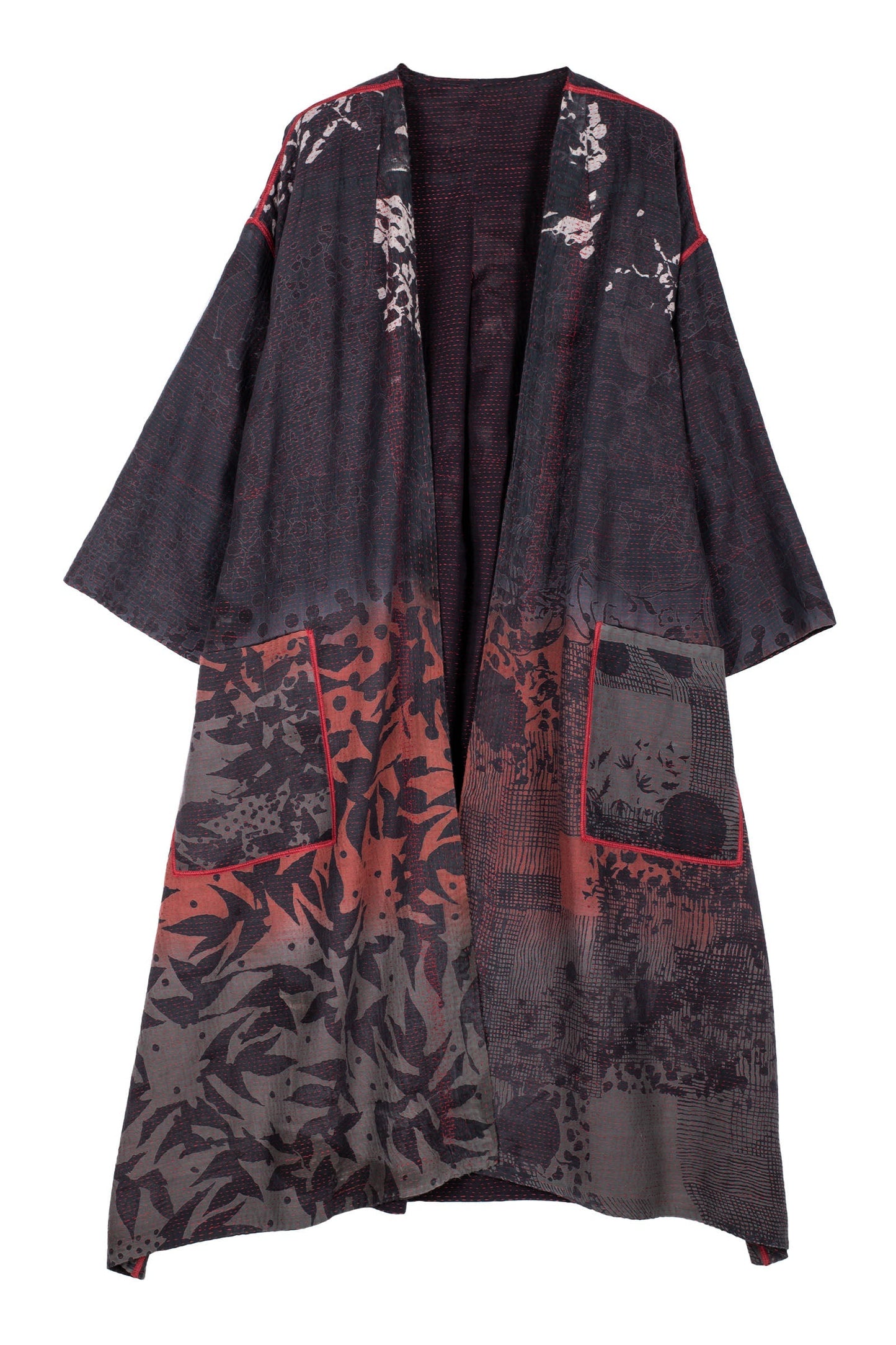 MONOTONE TWILIGHT PRINT KANTHA LONG DUSTER - tp2328-red -