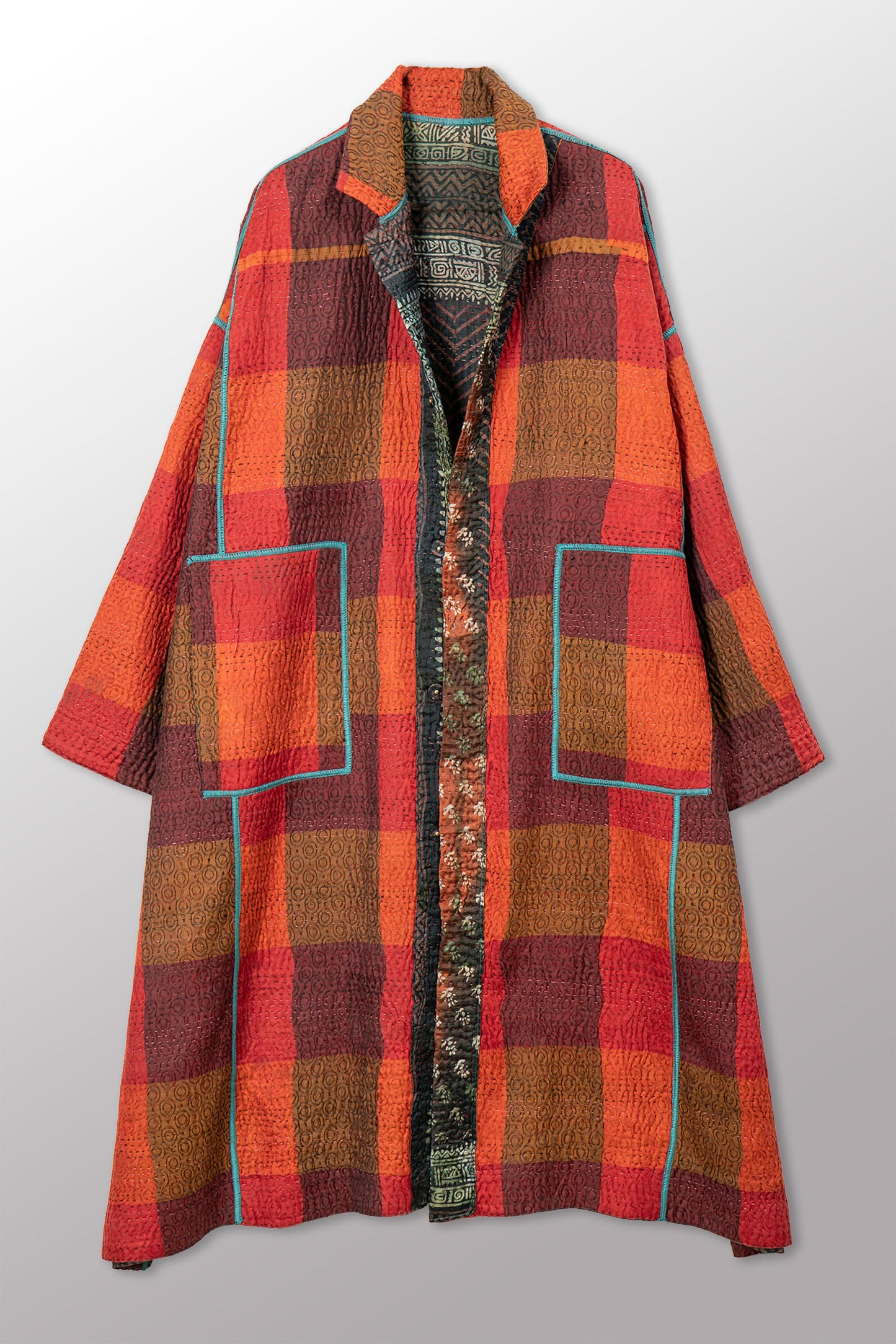 VINTAGE PRINTED SILK CLAMP DYE WITH JACQUARD KANTHA NEW OVERSIZED COAT - sk4342-0002a -
