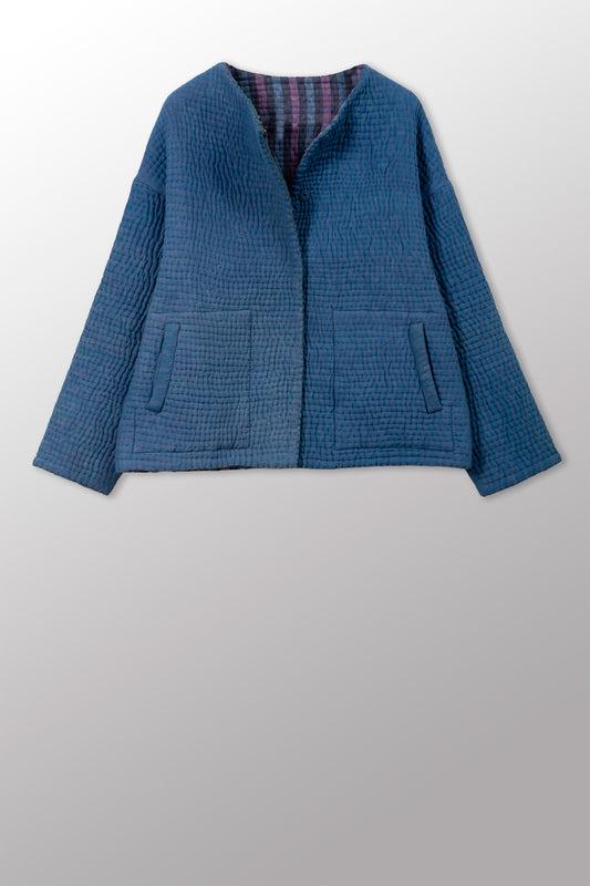 QUILTED OVERDYE COTTON KANTHA CREW NECK SHORT JKT - oq5053-cblu003a -