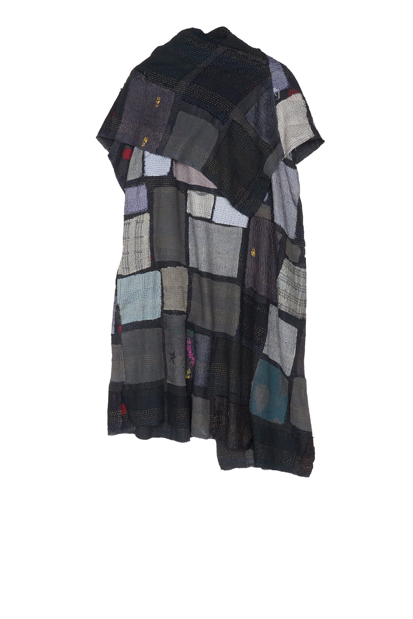 TONAL TILE PATCH KANTHA COWL NECK DRESS - tt2416-gry -