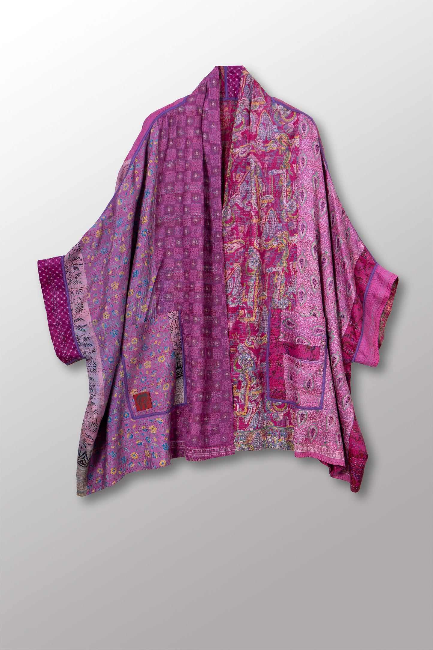 VINTAGE SILK KANTHA DOUBLE COLLAR PONCHO - sv2323-0018a -