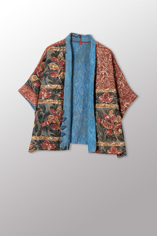 VINTAGE SILK GEORGETTE COTTON KANTHA MINI PONCHO - gc4060-0001a -