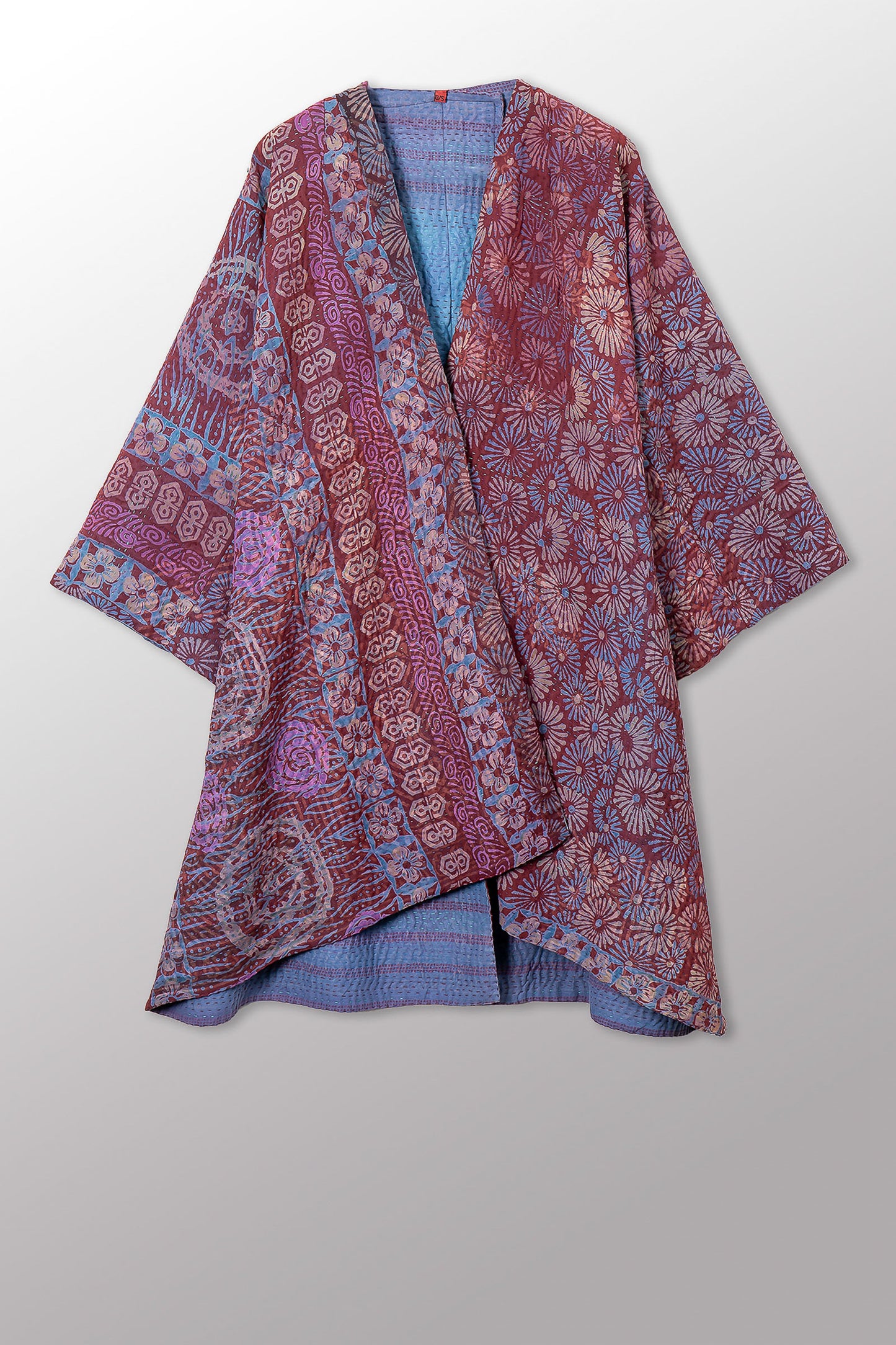 VINTAGE SILK GEORGETTE COTTON KANTHA KIMONO DUSTER - gc4317-0002a -