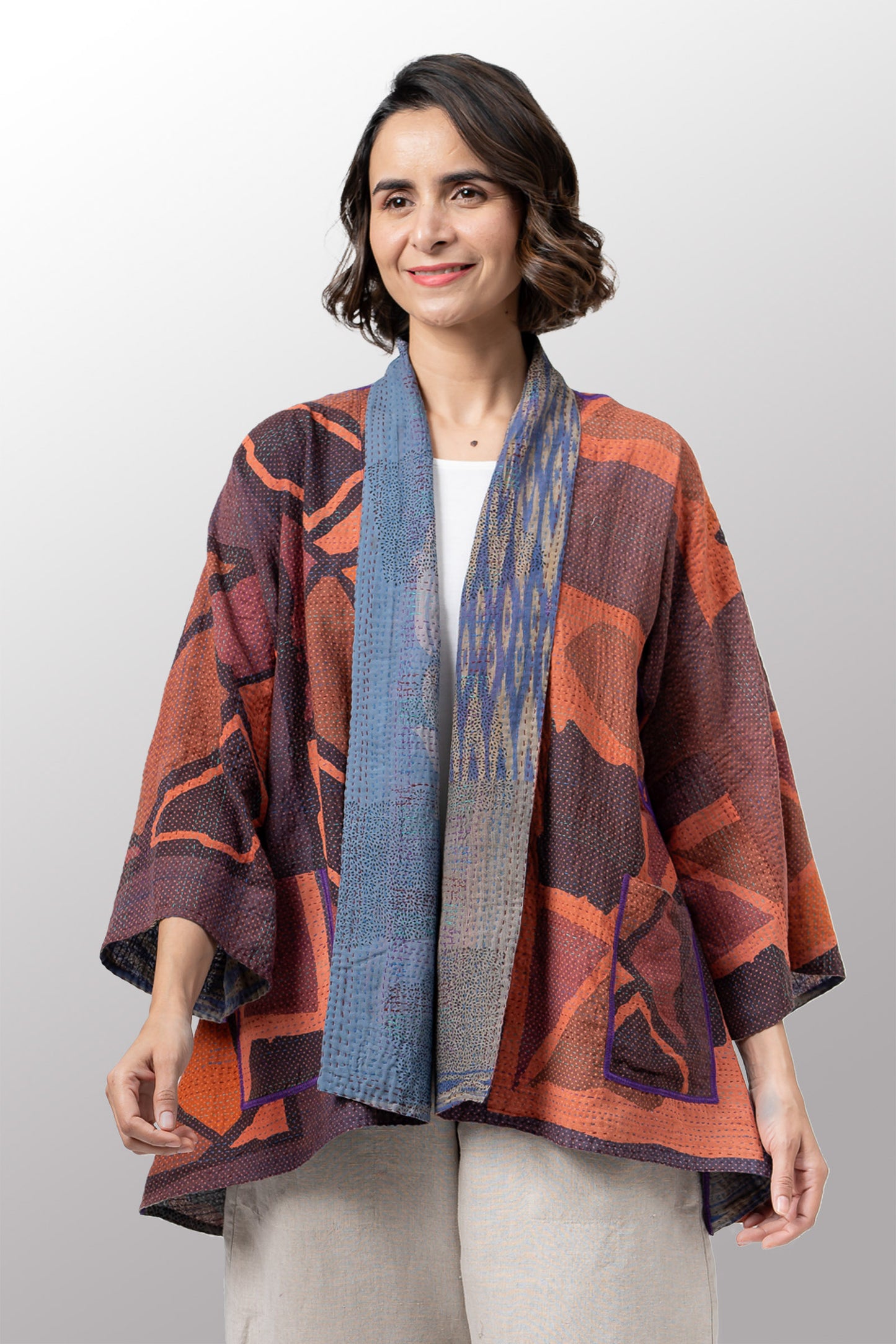 COTTON OVERDYE KANTHA KIMONO JACKET - ov2004-corg001a -