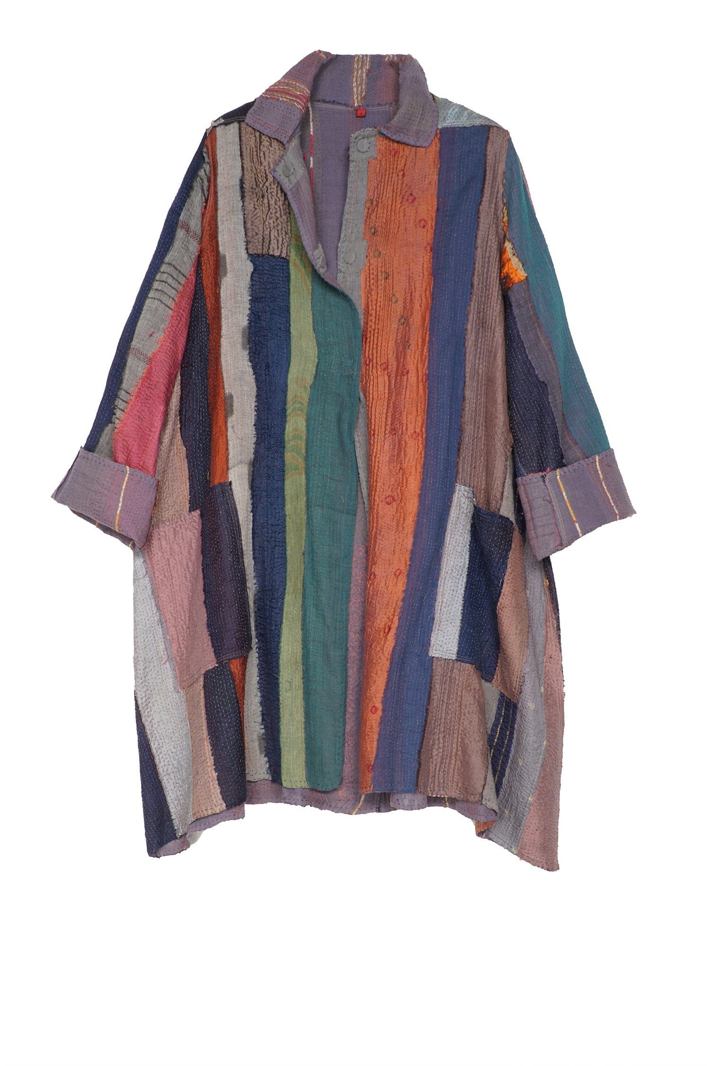 STRIPE FRAYED & HANDWOVEN KANTHA A-LINE DUSTER - ft2311-ntl -