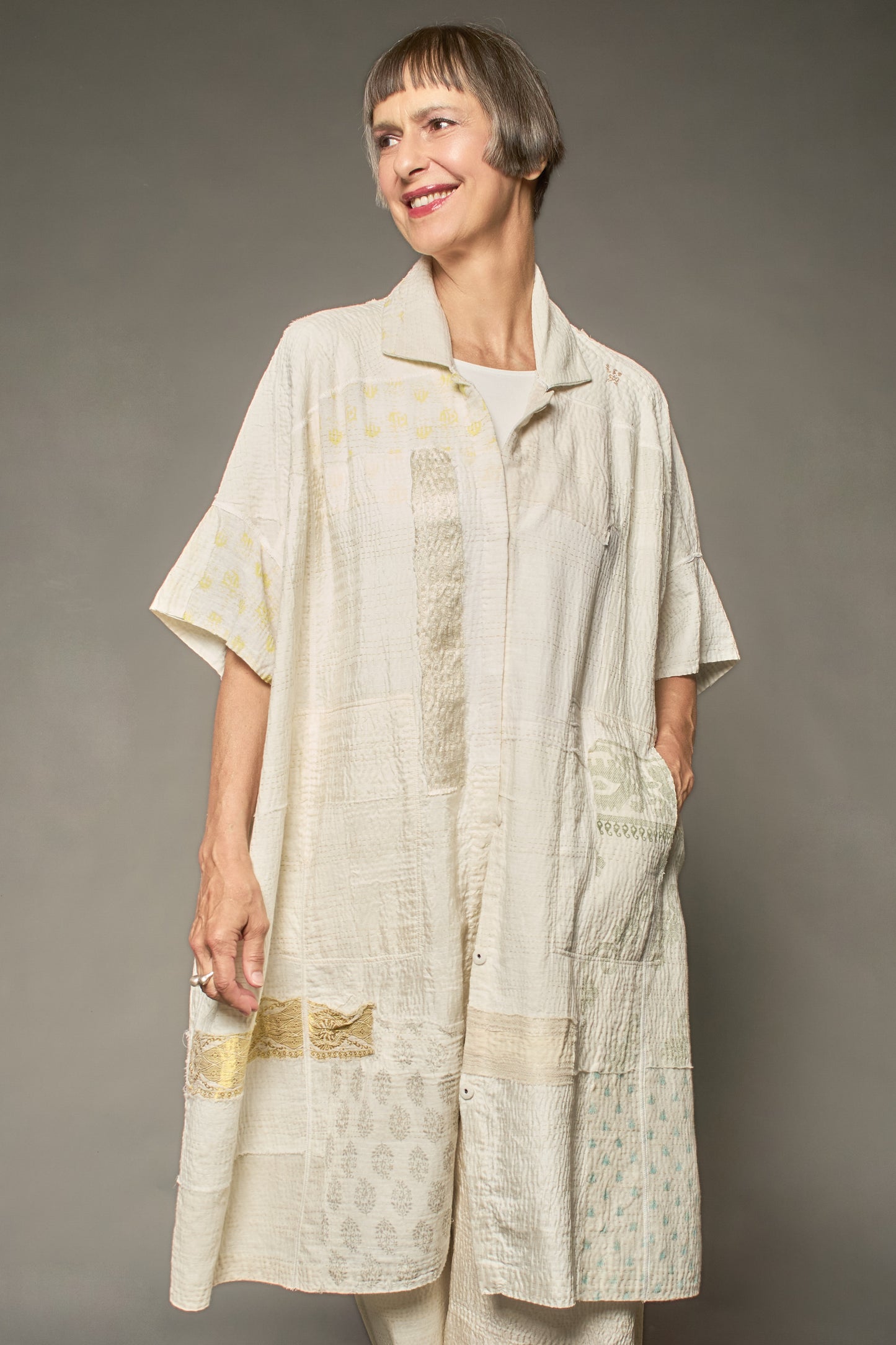 FRAYED PATCH KANTHA WIDE SHIRT DRESS - fi2448-ivy -