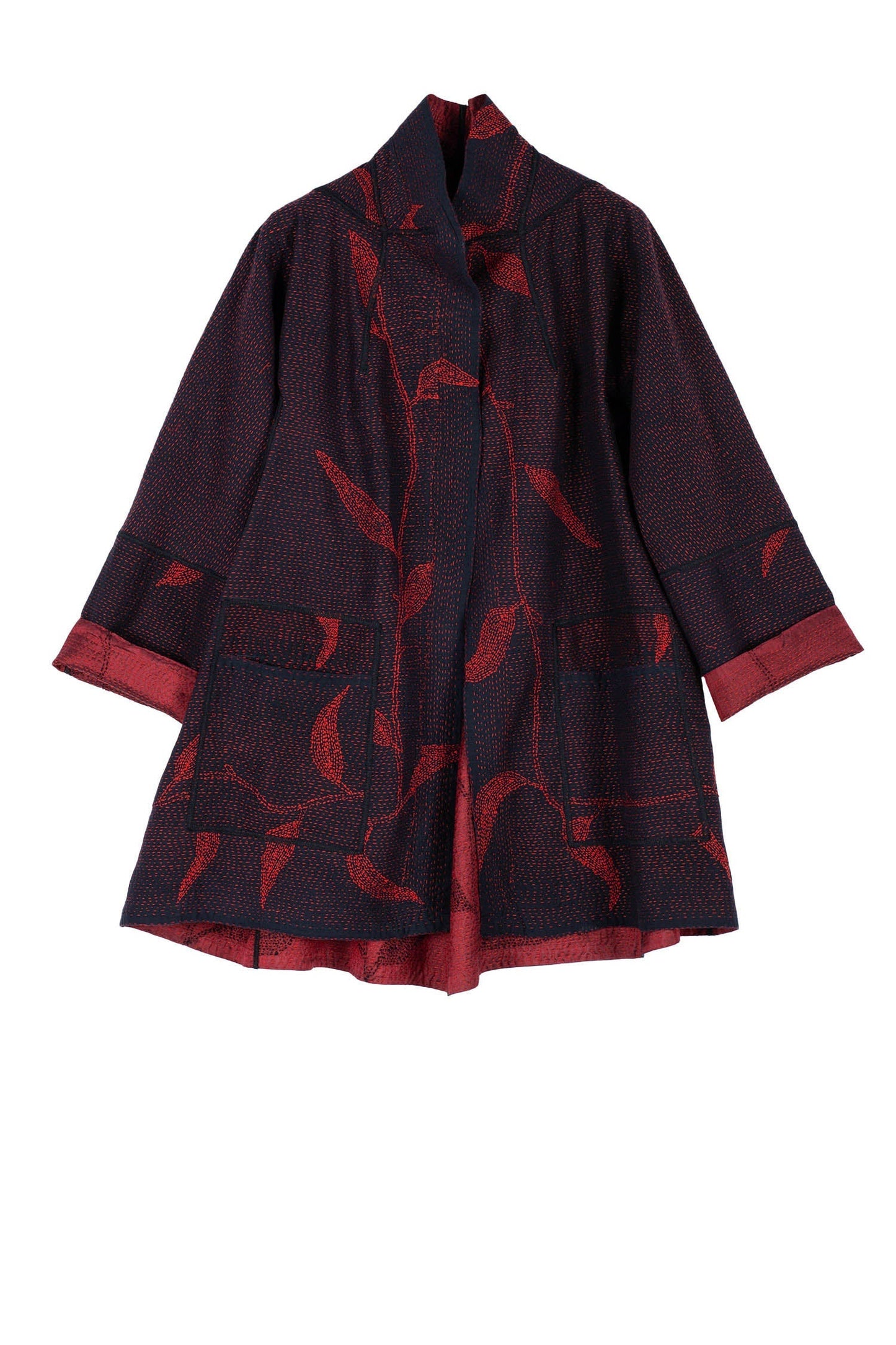 NIGHT BAMBOO SILK COTTON KANTHA FLARE LONG JKT - nb2021-red -
