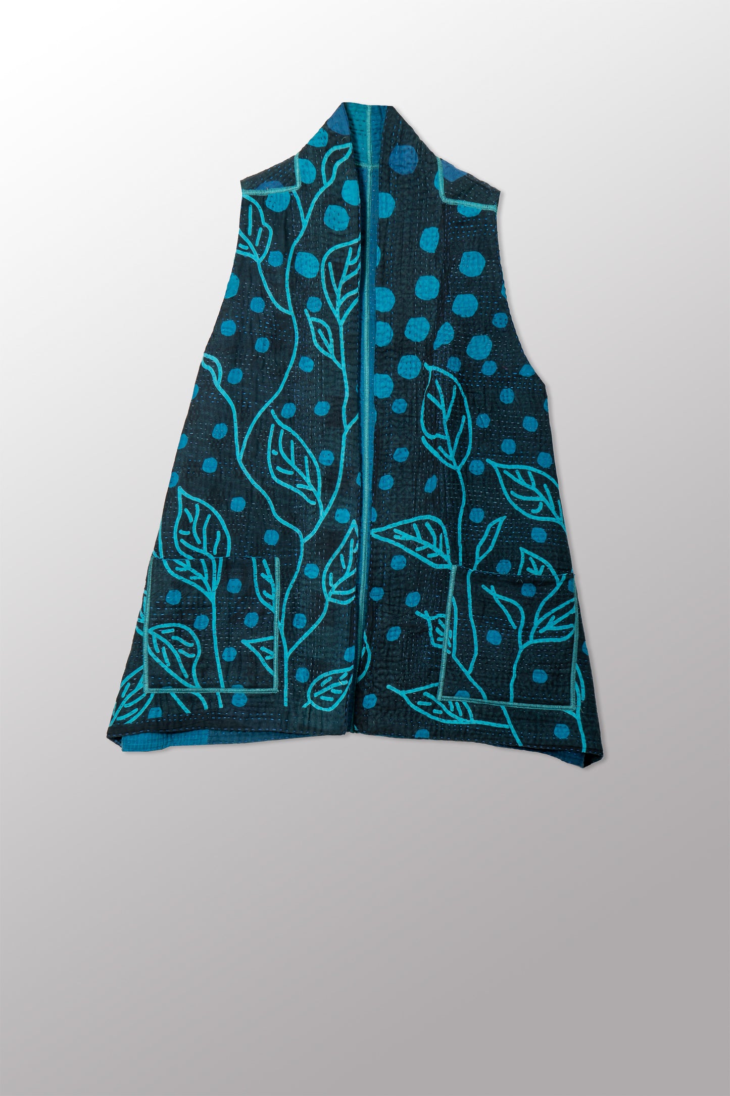 POLKA DOTS & LEAVES KANTHA KIMONO VEST SHORT - dl4248-tuq -