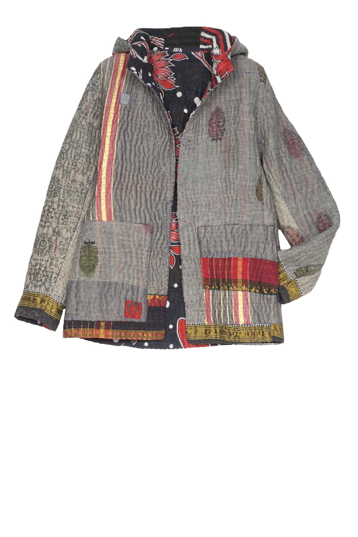 QUILTED VINTAGE COTTON KANTHA HOODED FIT JKT - cq5054-0005l -