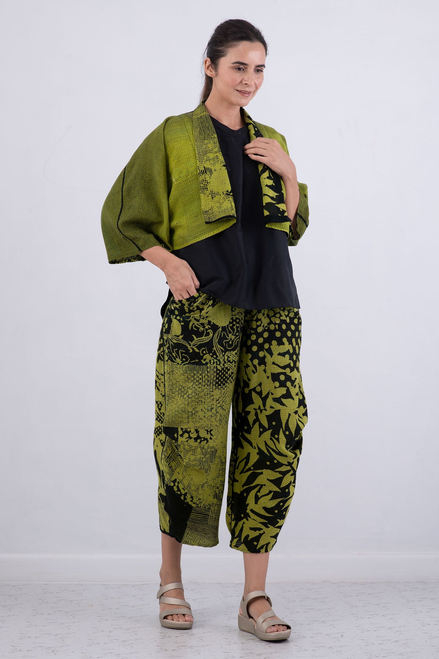 MONOTONE TWILIGHT PRINT KANTHA PUFF SLV. SHRUG - tp2062-cha -