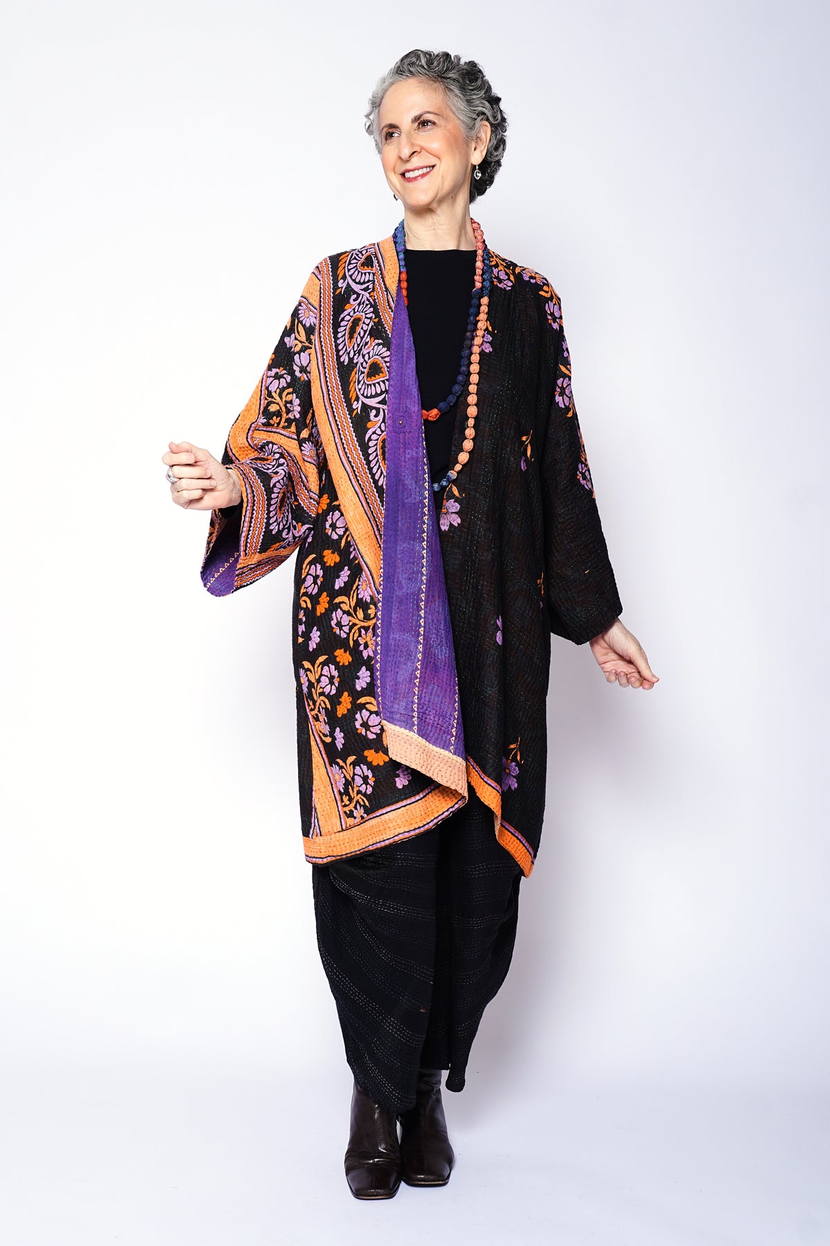 VINTAGE COTTON KANTHA KIMONO DUSTER - cv4317-0033a -