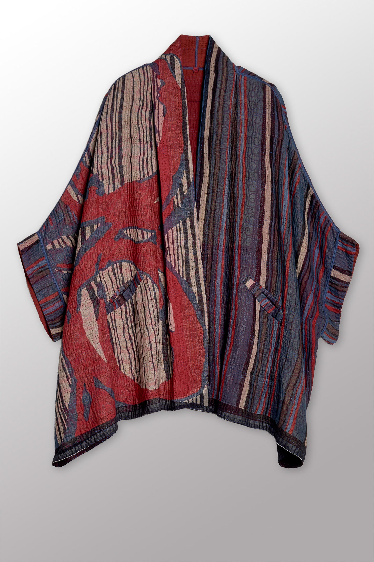 STRIPE AND BENDS KANTHA DOUBLE COLLAR PONCHO - sb4323-red -