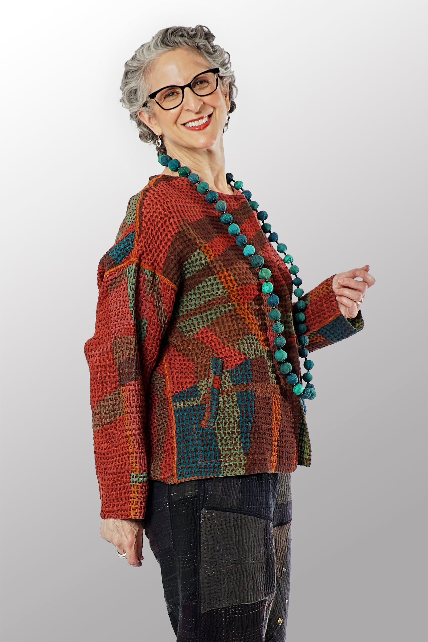 ABSTRACT WAFFLE KANTHA CREW NECK SHORT JACKET - bw3053-red -