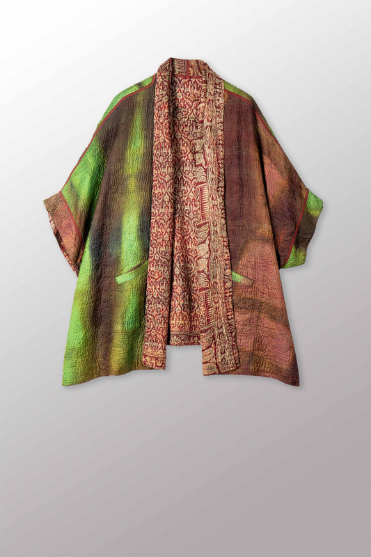 VINTAGE JACQUARD CLAMP DYE WITH PRINTED SILK KANTHA DOUBLE COLLAR PONCHO - jk4323-0001a -