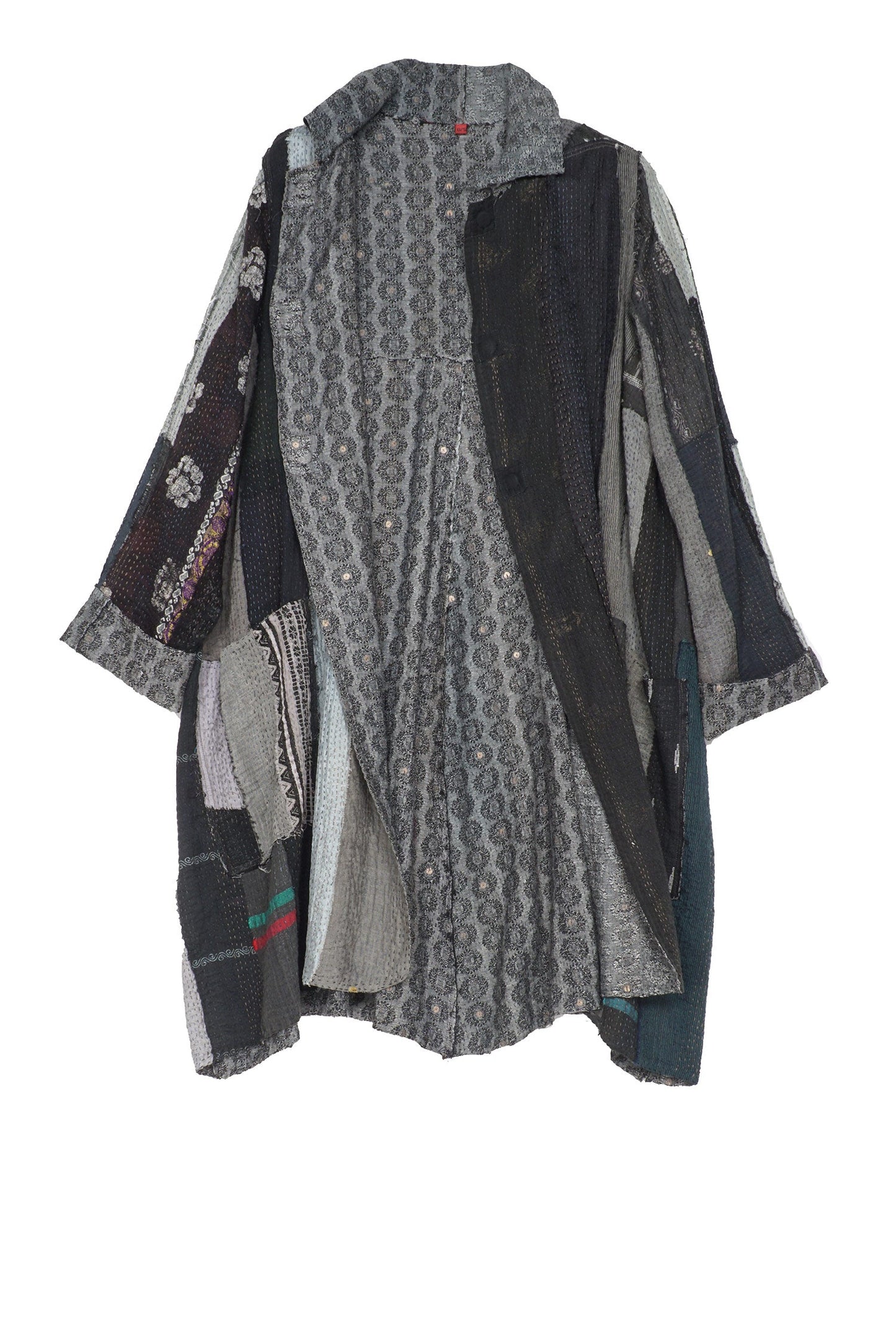 STRIPE FRAYED & HANDWOVEN KANTHA A-LINE DUSTER - ft2311-blk -