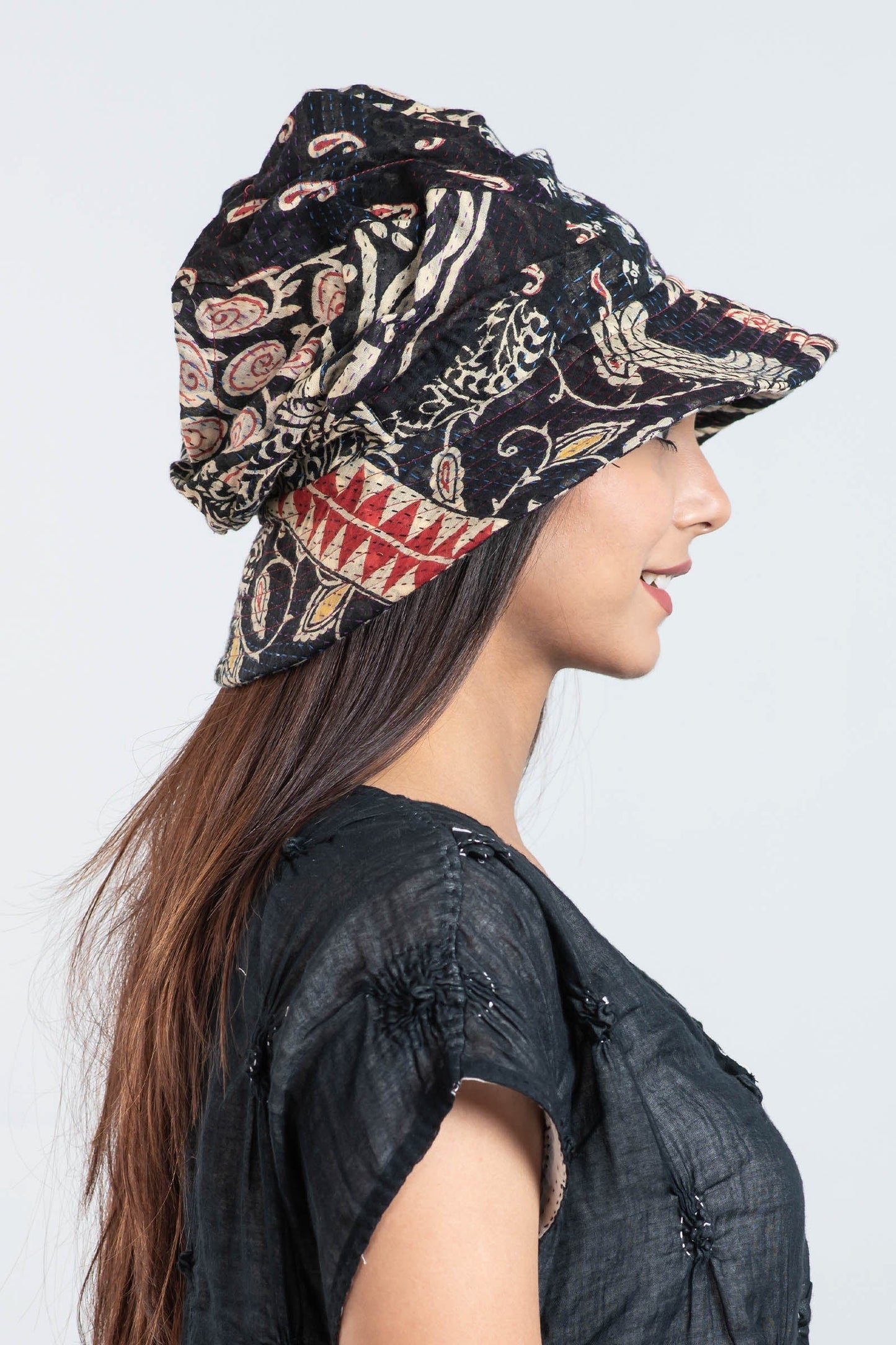 PATCHED PRINT KANTHA FULL BRIM HAT - pp2889-blk -