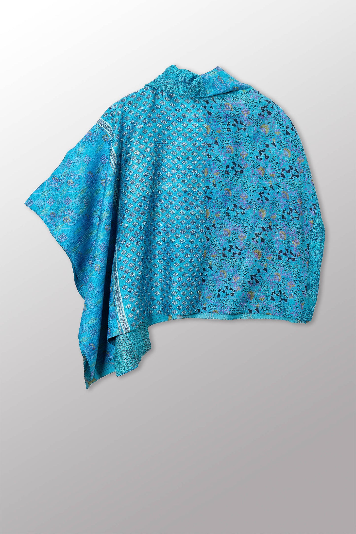 VINTAGE SILK KANTHA COWL NECK LONG CAPE - sv2842-0005a -