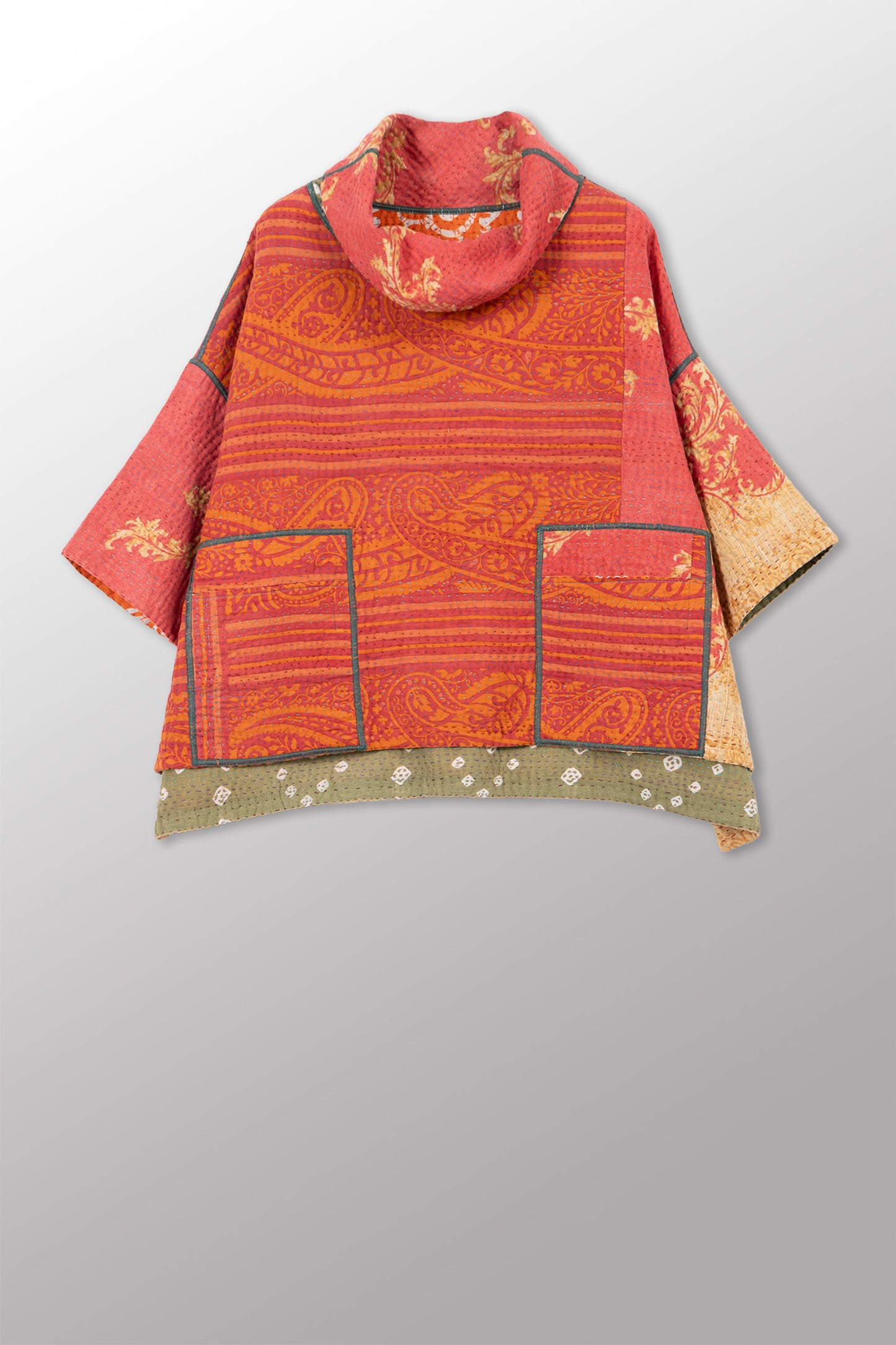 VINTAGE COTTON KANTHA COWL NECK PONCHO - cv4061-0037a -