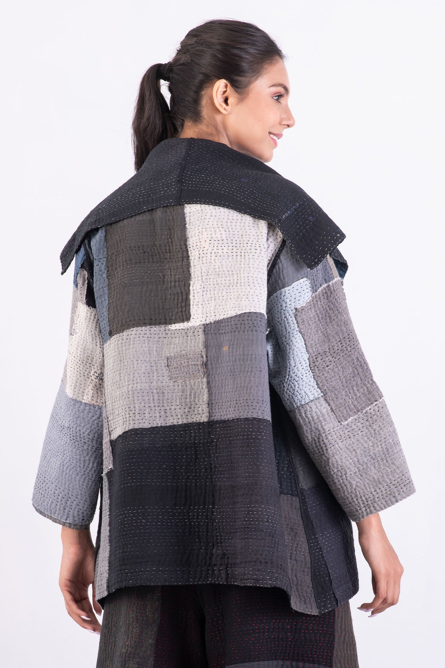 TWO TONE PATCH KANTHA FLARE JACKET - tn4010-blk -