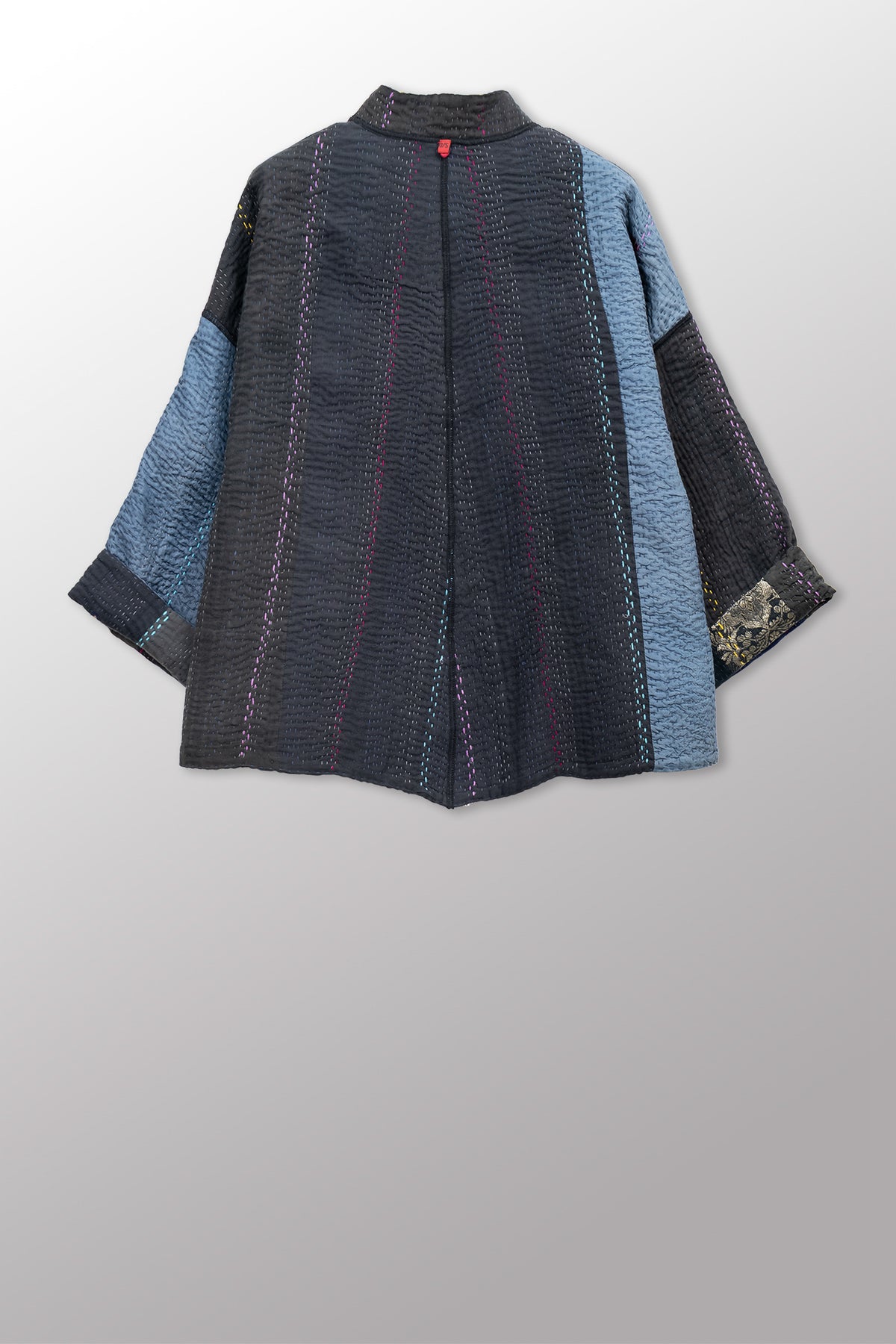 JEWEL WOVEN WITH VERTICAL PATCH KANTHA STAND COLLAR CROPPED JACKET - jv4034-blk -