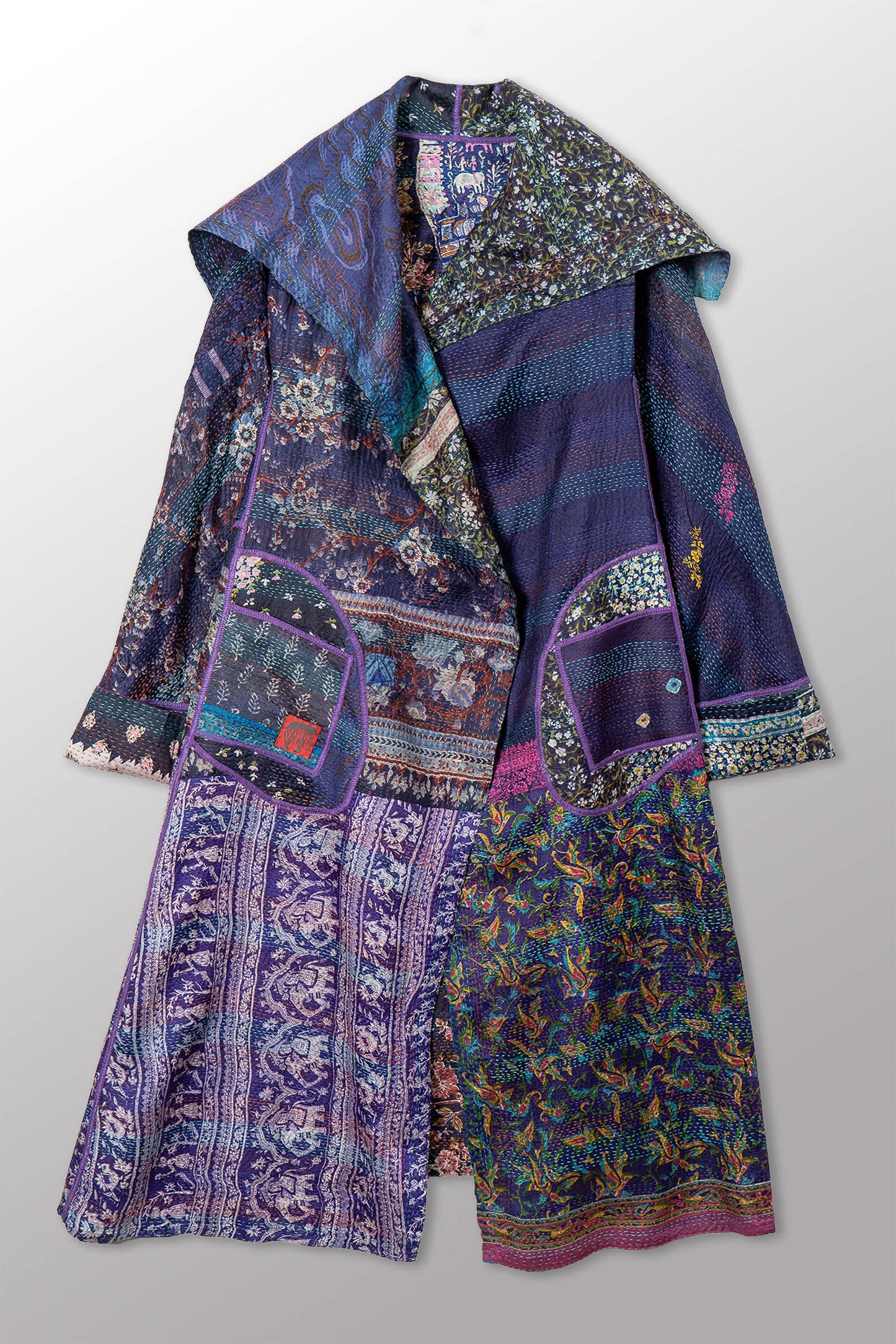 VINTAGE SILK KANTHA A-LINE LONG COAT - sv2302-0091a -