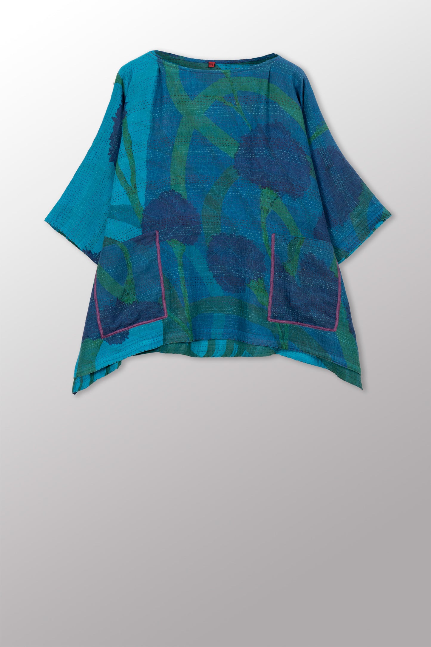 MARIGOLD PRINT WITH OVERDYE KANTHA BOAT NECK DOLMAN TOP - ov-mg2t100-tuq -