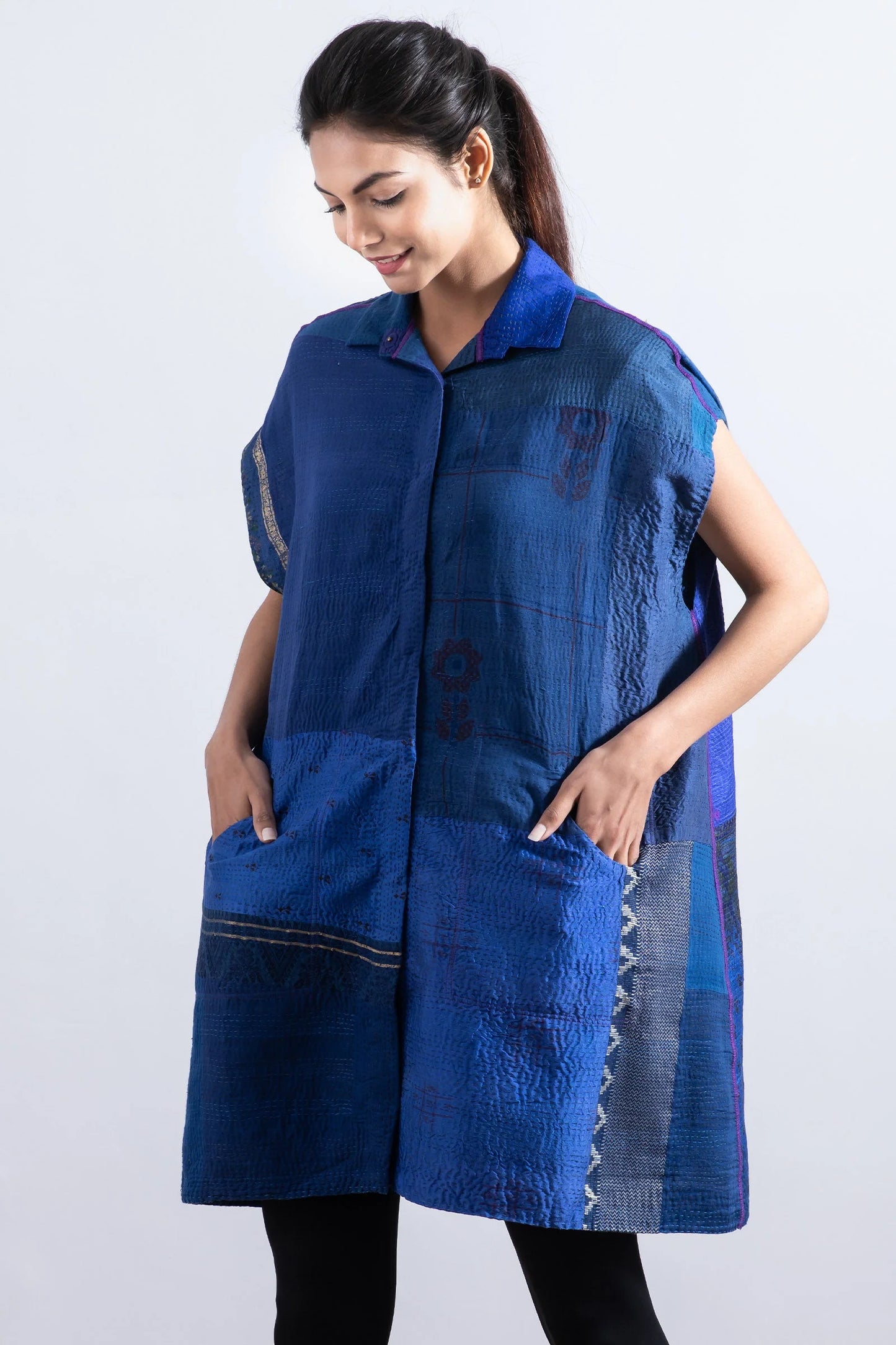 COTTON SILK SW PATCH KANTHA SHIRT DRESS - ws2426-blu -