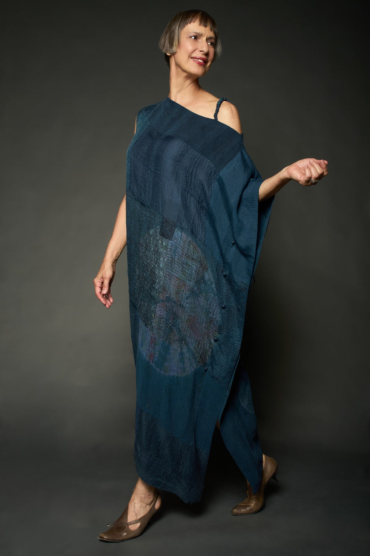SHIBORI TIE DYE GEORGETTE VINTAGE SILK PATCH KANTHA ASYMMETRIC TUBE DRESS - st-gs2472-nvy -