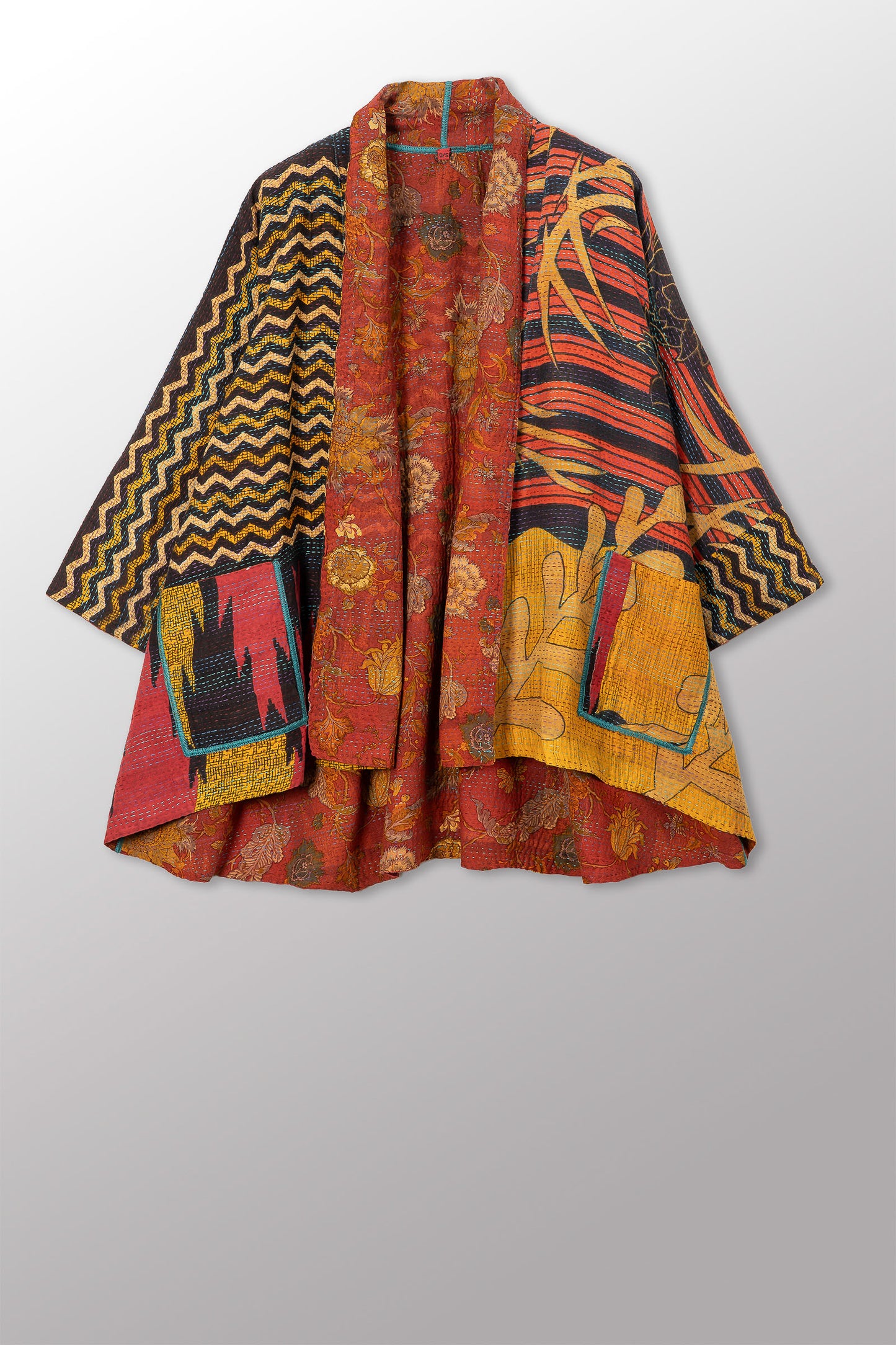 VINTAGE SILK GEORGETTE COTTON KANTHA KIMONO JKT - gc2004-0009a -