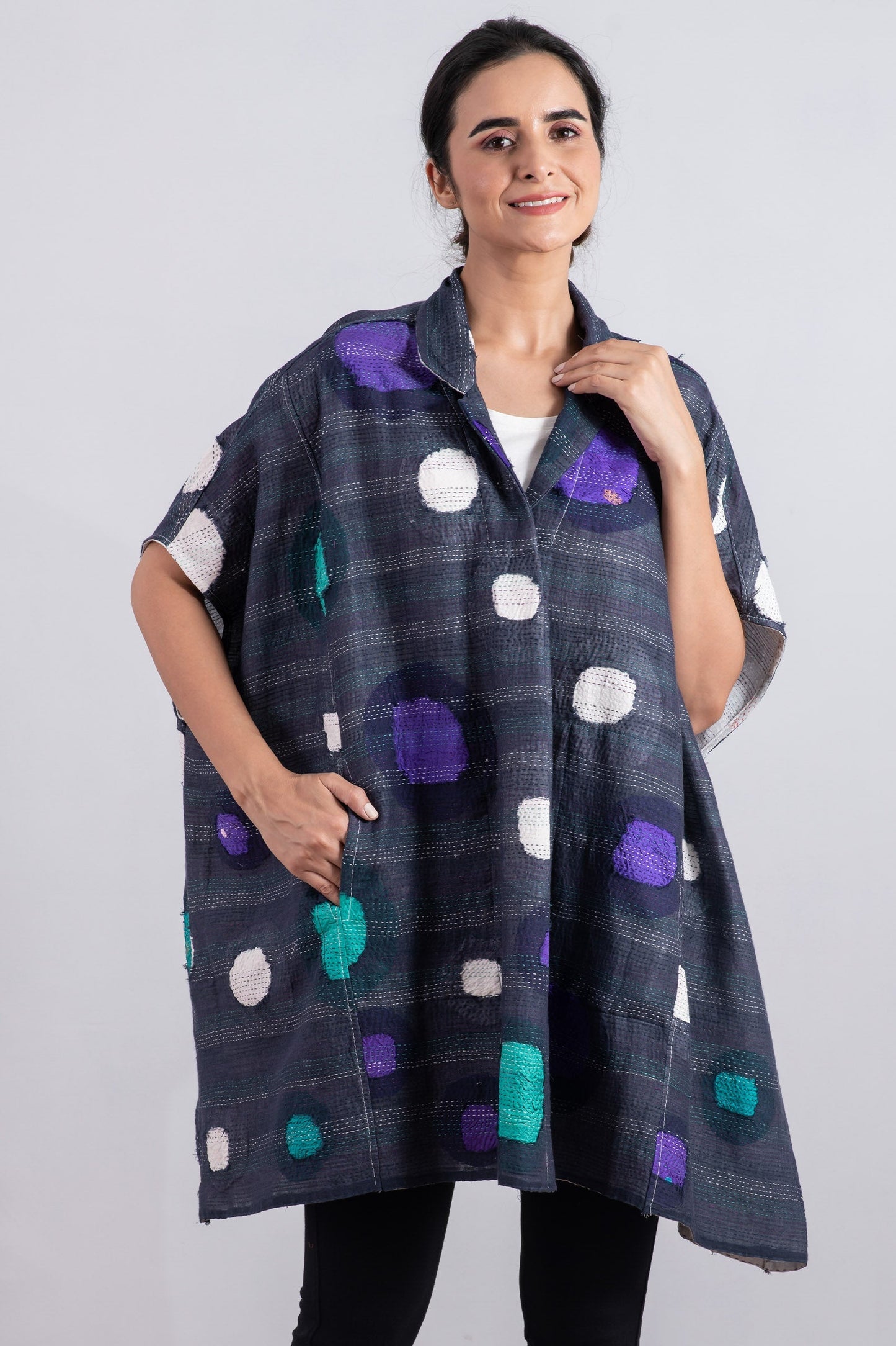 CUT OUT KANTHA SHIRT PONCHO - ck2545-blu -