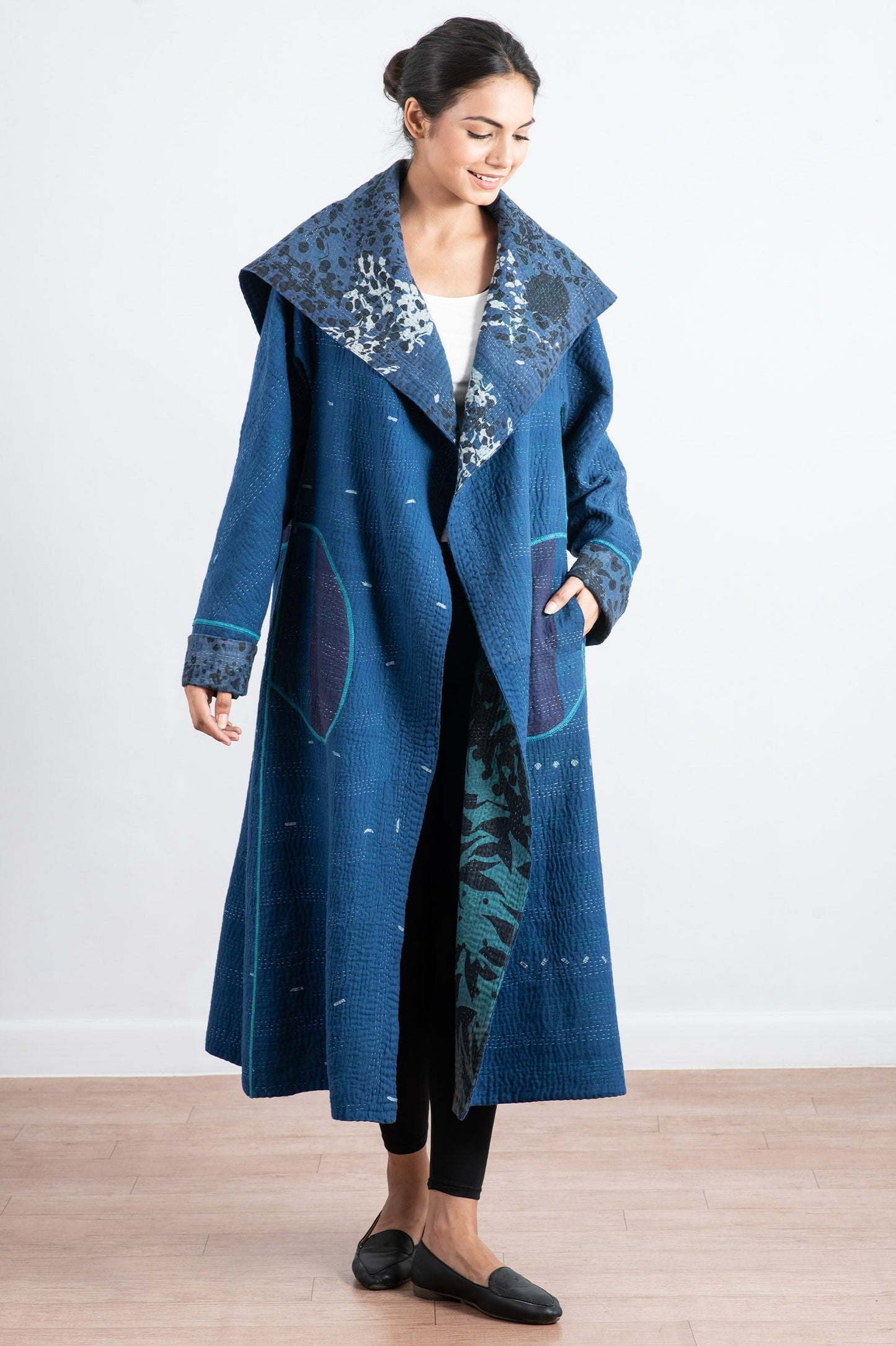 MONOTONE TWILIGHT PRINT KANTHA A-LINE LONG COAT - tp4302-blu -