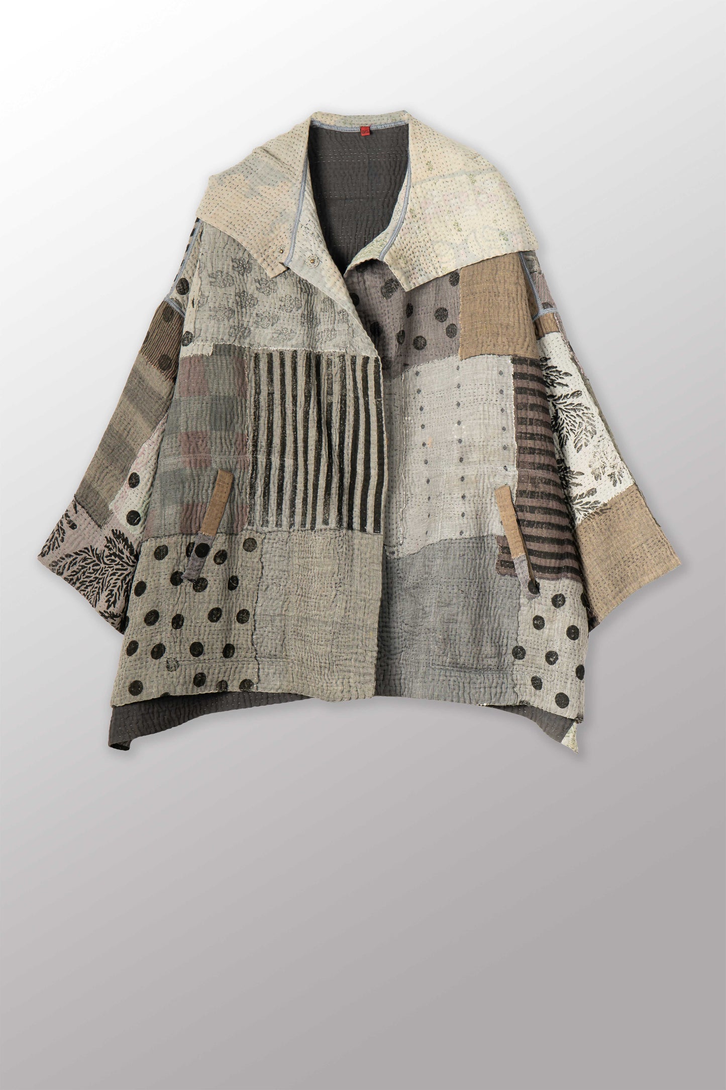 FRAYED PATCH KANTHA WITH STAMP HOODIE PONCHO - sp-fi4064-gry -
