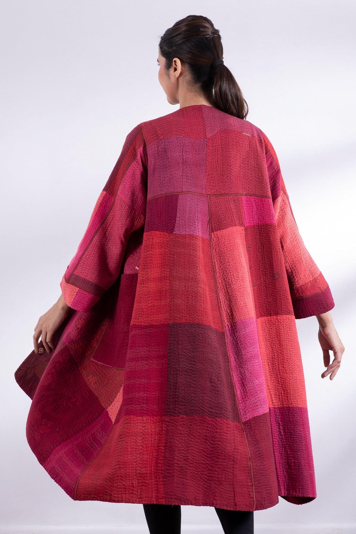 STRIPE AND CHECK COTTON SILK PATCH KANTHA  WRAP FLARE COAT - ss4330-red -