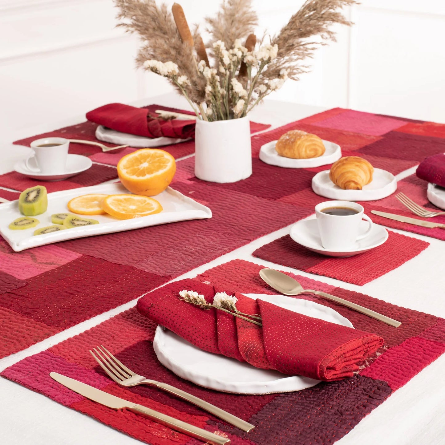 Landscape Fray Patch vintage Kantha Runner - Red