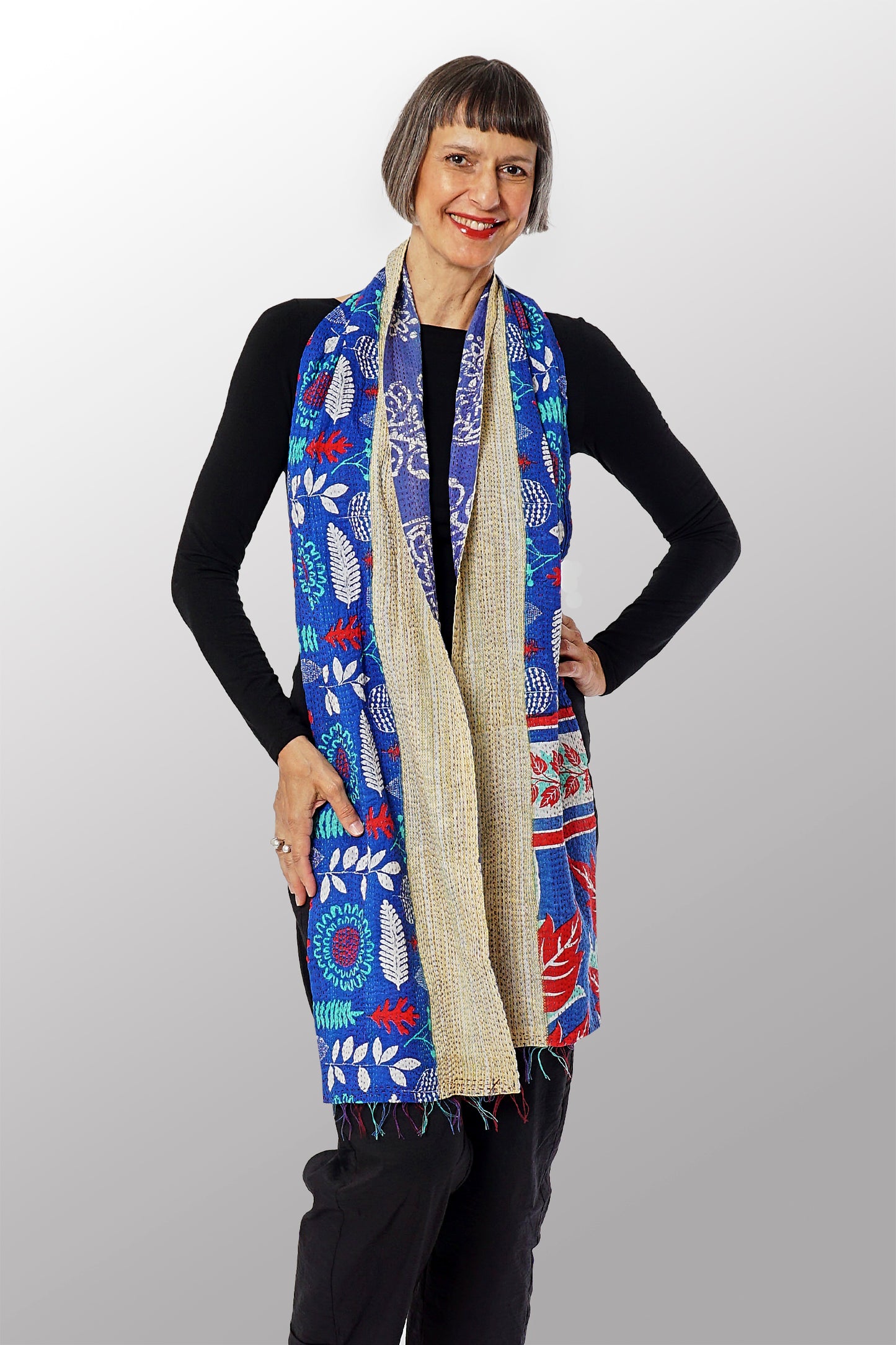 CV2805-CBLUA @VINTAGE COTTON KANTHA SCARF SHORT