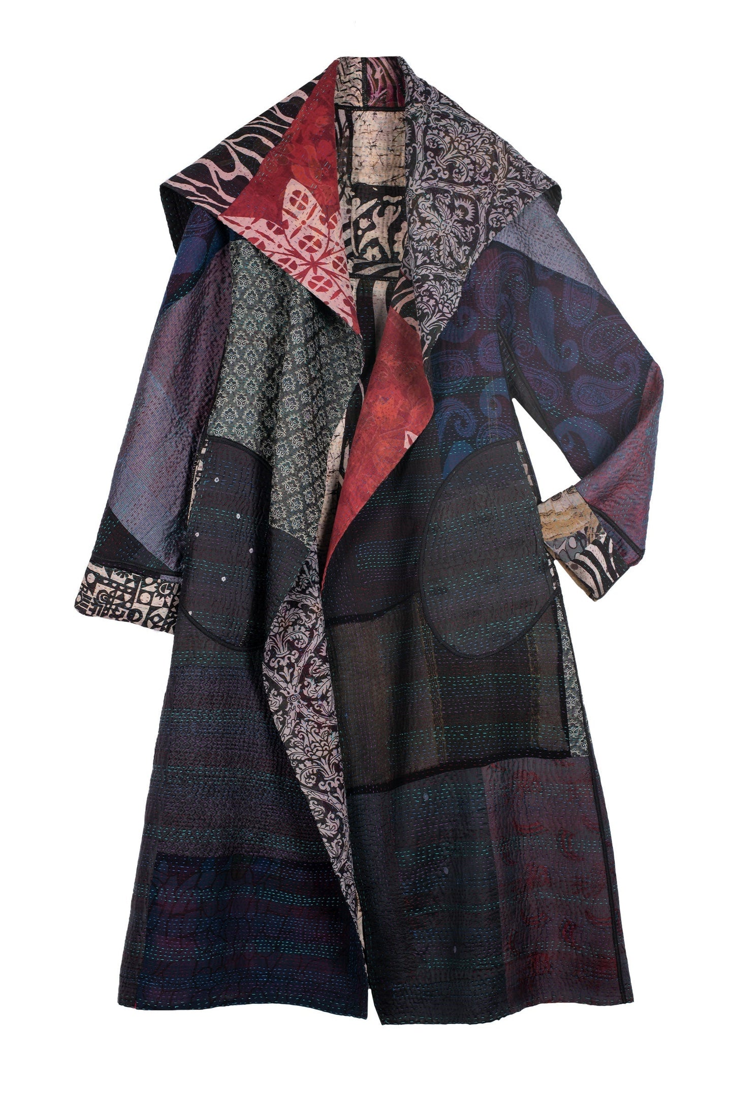 JACQUARD SILK KANTHA A-LINE LONG COAT - js4302-blk -