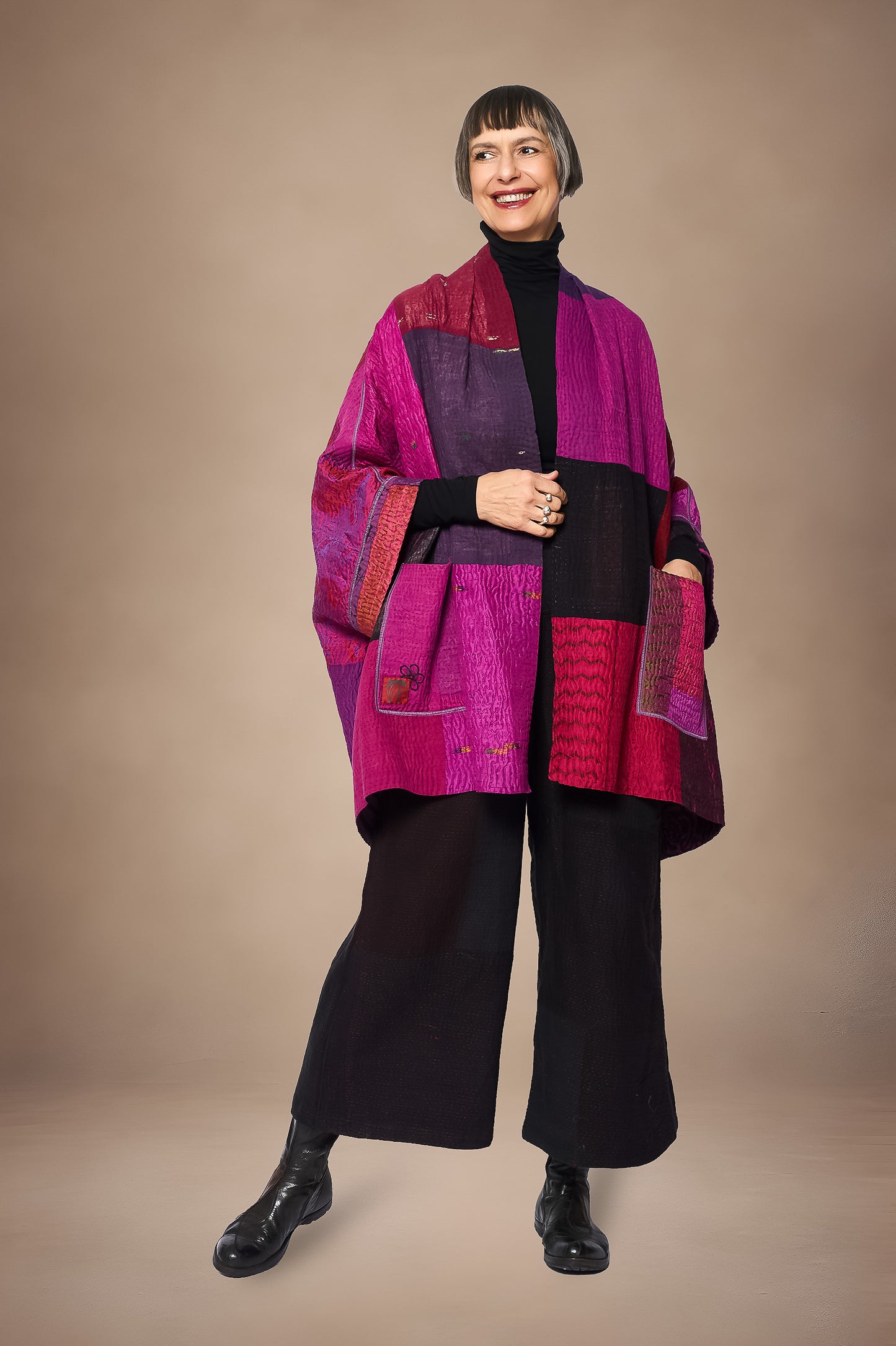 AMETHYST COTTON SILK KANTHA DOUBLE COLLAR PONCHO - oc4323-prp -