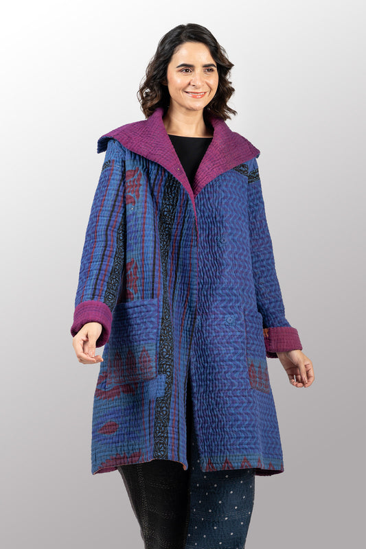 QUILTED OVERDYE COTTON KANTHA POCKET MEDIUM COAT - oq5316-cblu004a -