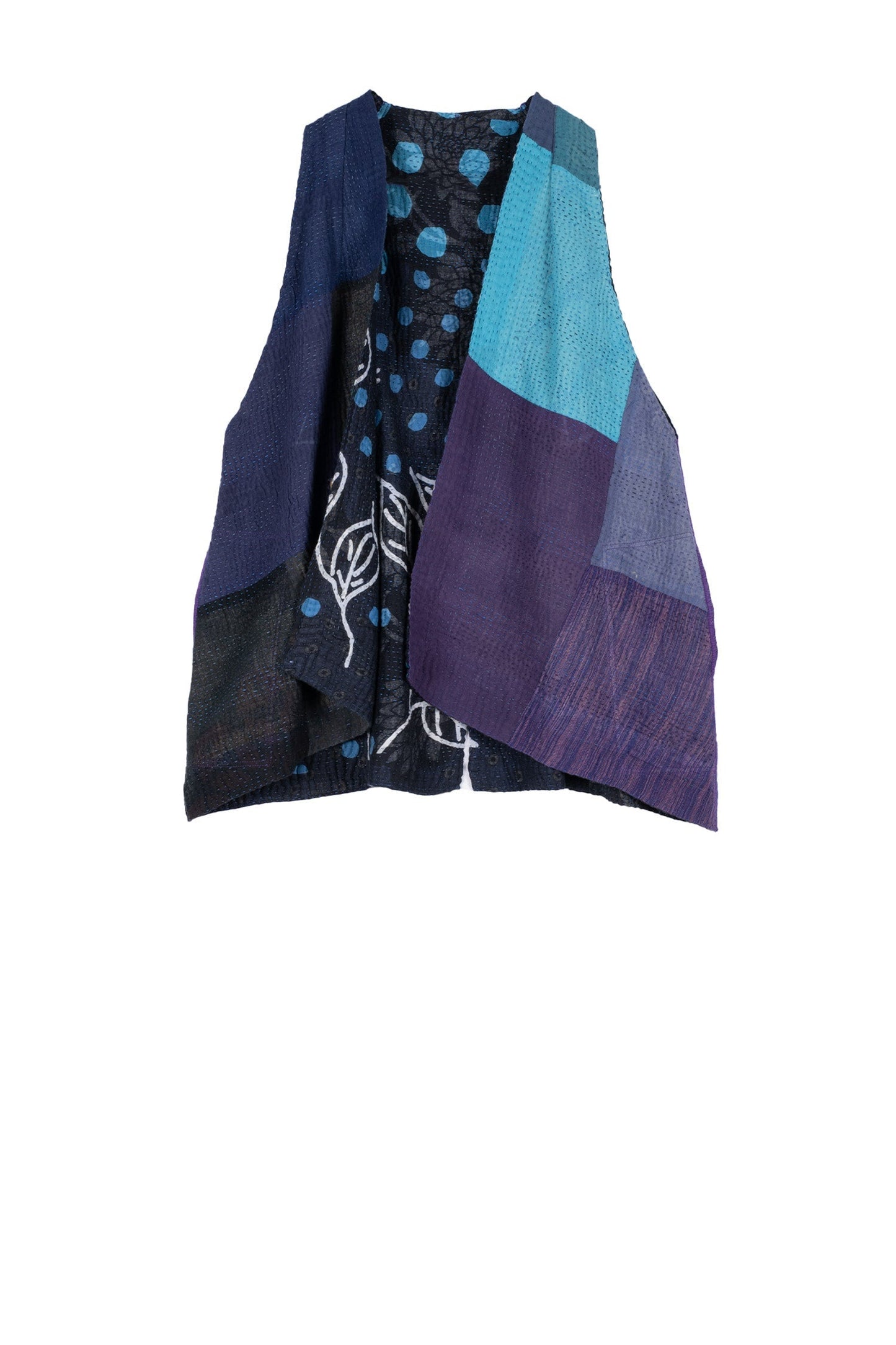 POLKA DOTS & LEAVES KANTHA BACK PLEATED VEST SHORT - dl4223-blu -