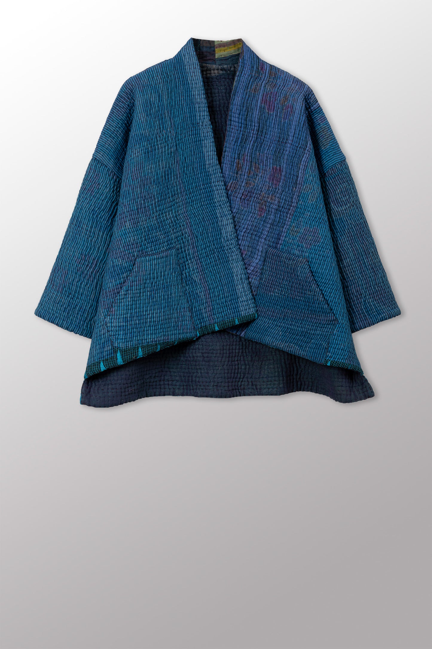 QUILTED OVERDYE COTTON KANTHA MINI KIMONO JKT - oq5055-cblu001a -